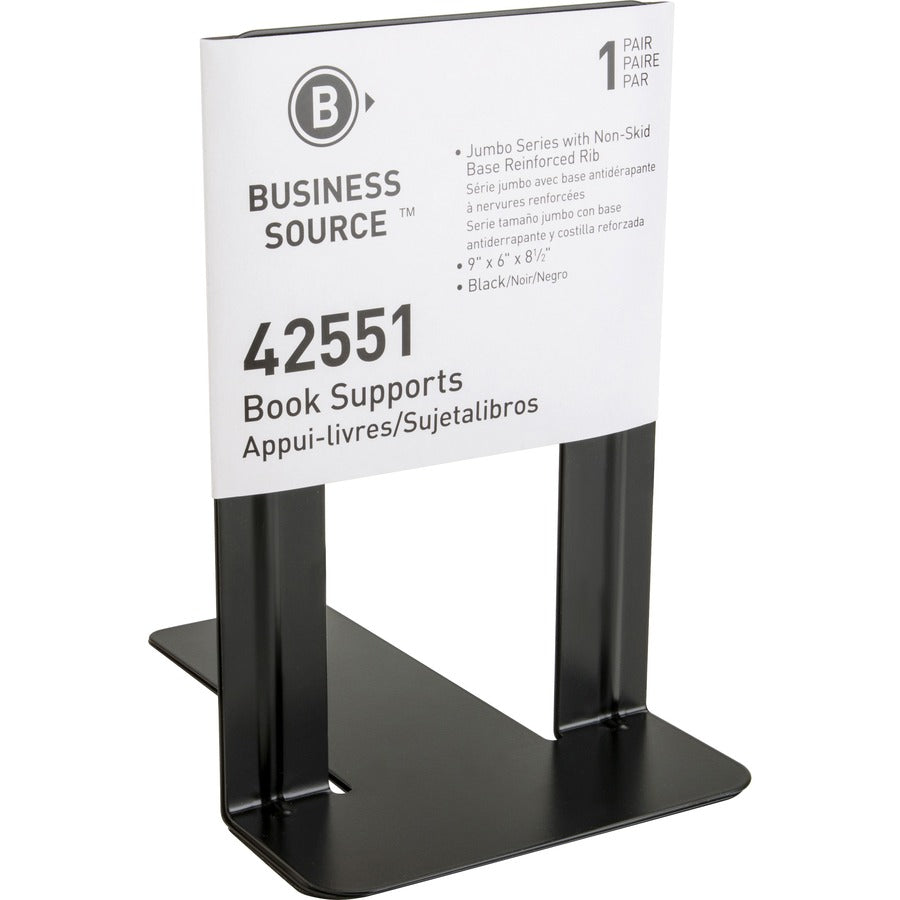 Business Source Heavy-gauge Steel Book Supports - 8.50" Height x 9" Width x 6" Depth - Desktop - Non-skid Base, Scratch Resistant, Stain Resistant - Enamel - Black - Steel - 1 Pair