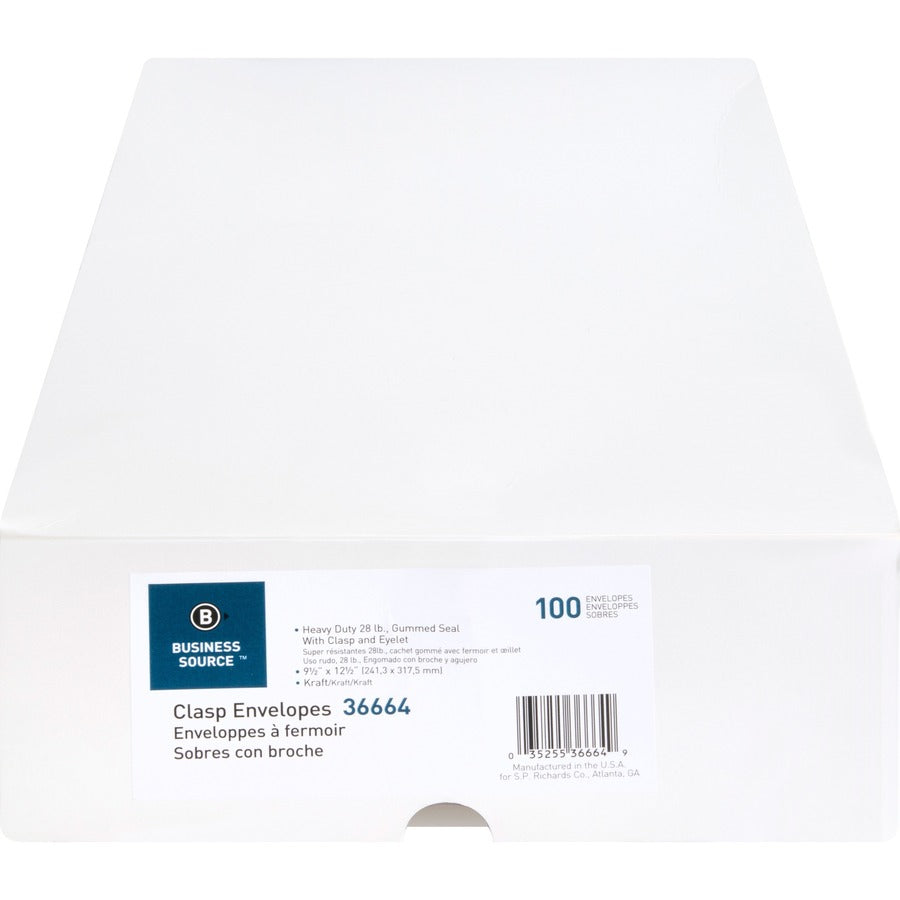 Business Source Heavy-duty Clasp Envelopes - Clasp - #93 - 9 1/2" Width x 12 1/2" Length - 28 lb - Clasp - Kraft - Kraft - 100 / Box