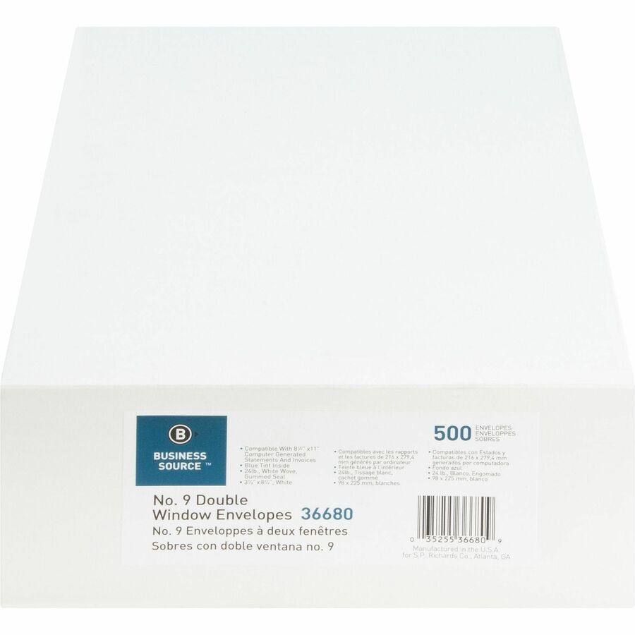 Business Source No. 9 Double Window Invoice Envelopes - Double Window - #9 - 8 7/8" Width x 3 7/8" Length - 24 lb - White - 500 / Box