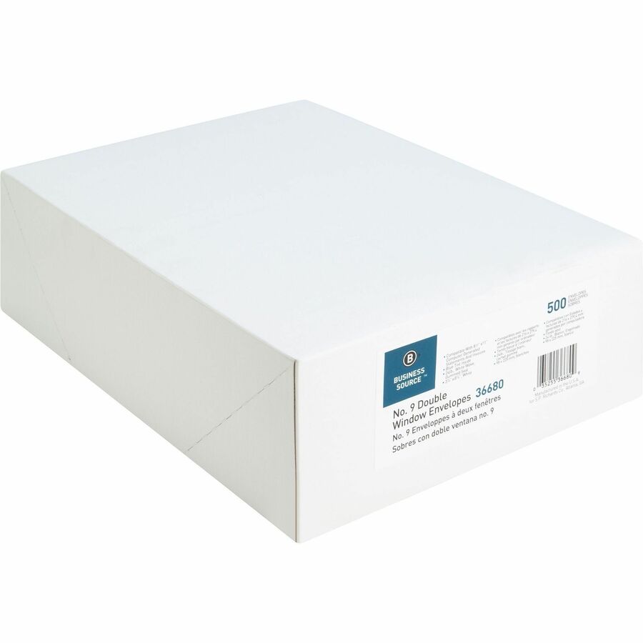Business Source No. 9 Double Window Invoice Envelopes - Double Window - #9 - 8 7/8" Width x 3 7/8" Length - 24 lb - White - 500 / Box