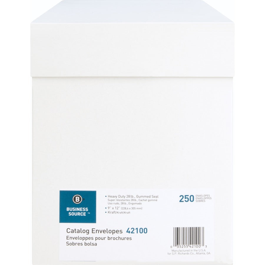 Business Source Kraft Gummed Catalog Envelopes - Catalog - #10 1/2 - 9" Width x 12" Length - 28 lb - Gummed - Kraft - Kraft - 250 / Box