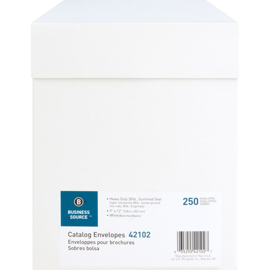 Business Source 28 lb. White Catalog Envelopes - Catalog - #10 1/2 - 9" Width x 12" Length - 28 lb - Gummed - White - Wove - 250 / Box