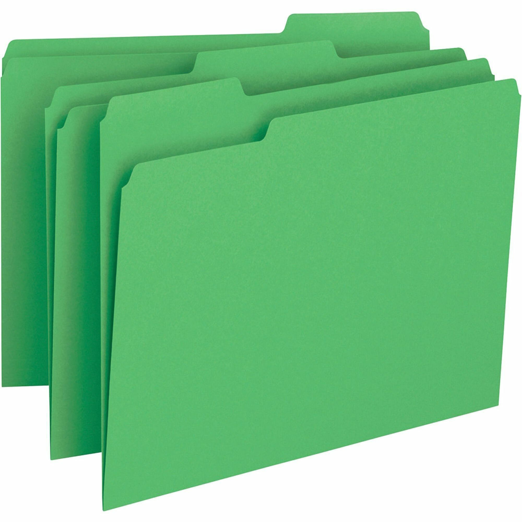 Business Source 1/3 Tab Cut Letter Size Green Recycled Top Tab File Folders, 11 pt., 1 Ply, Assorted Tab Positions, 100/Box
