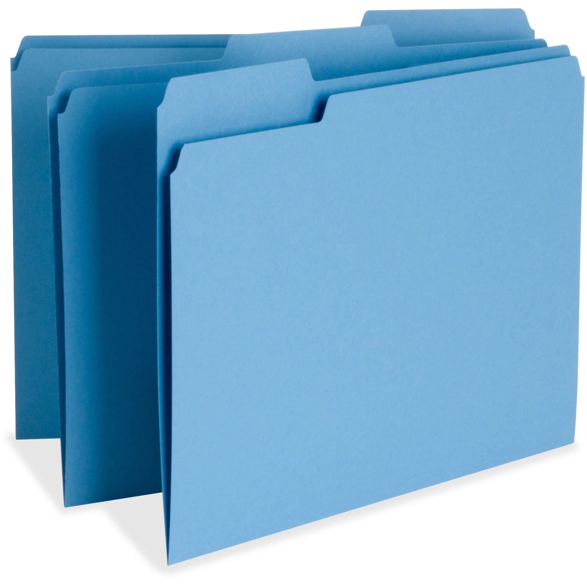 Business Source Blue 1/3 Tab Cut Letter Size Recycled Top Tab File Folders, 11 pt., Assorted Tab Positions, 1 Ply, 100/Box