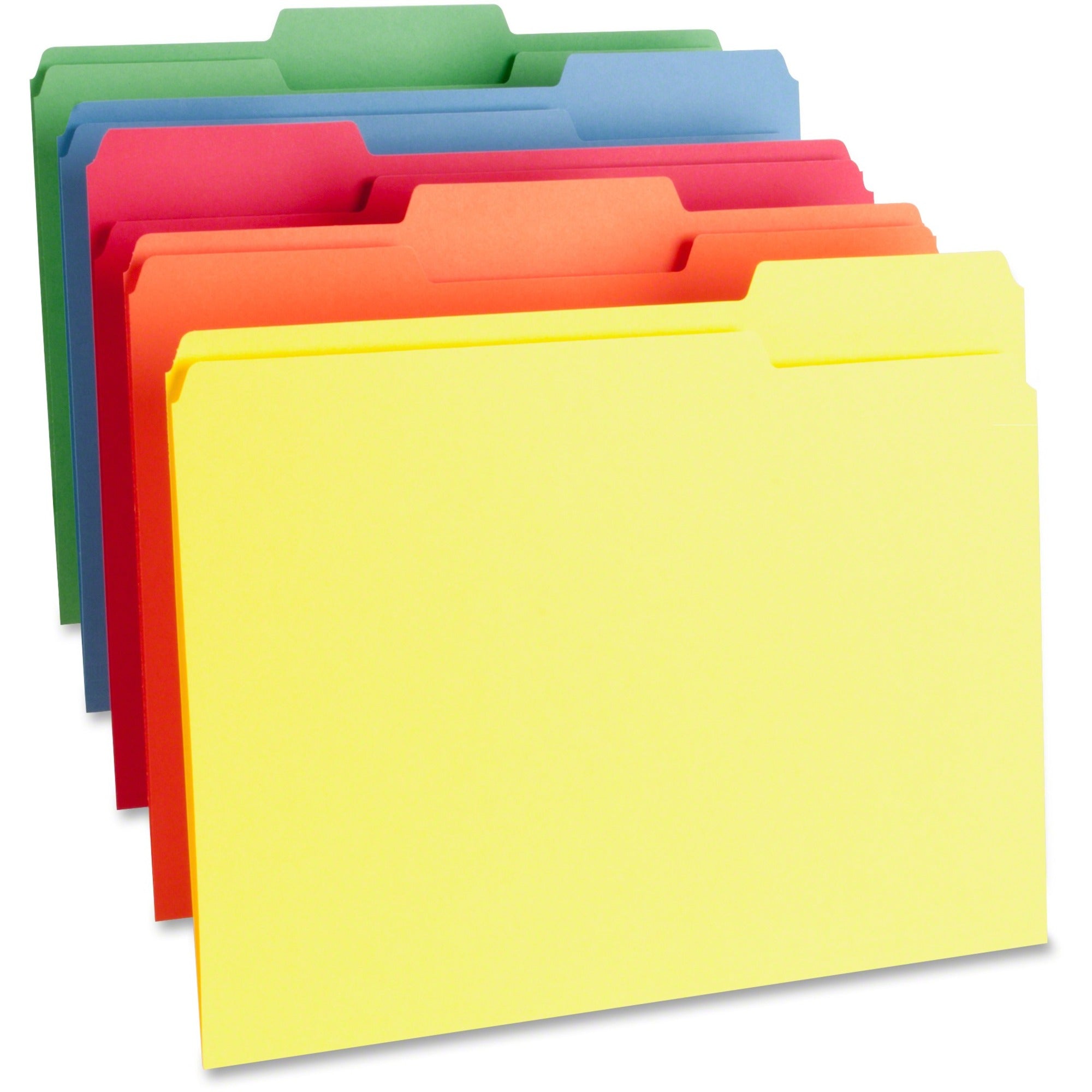 Business Source 1/3 Tab Cut Letter Recycled Top Tab File Folders, Assorted Colors, 11 pt., 1 Ply, 8.5" x 11", 10% Recycled, 100/Box