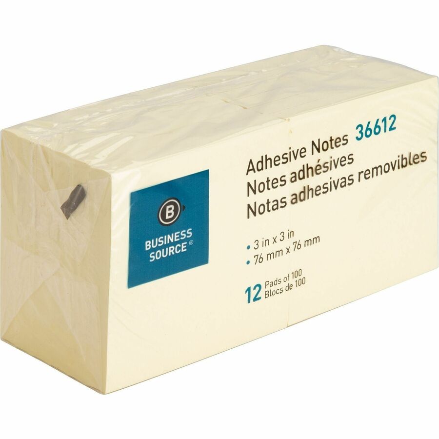 Business Source Yellow Repositionable Adhesive Notes - 3" Flag/Note Width x 3" Flag/Note Length - Square - Yellow - Repositionable, Solvent-free Adhesive - 1 Pack