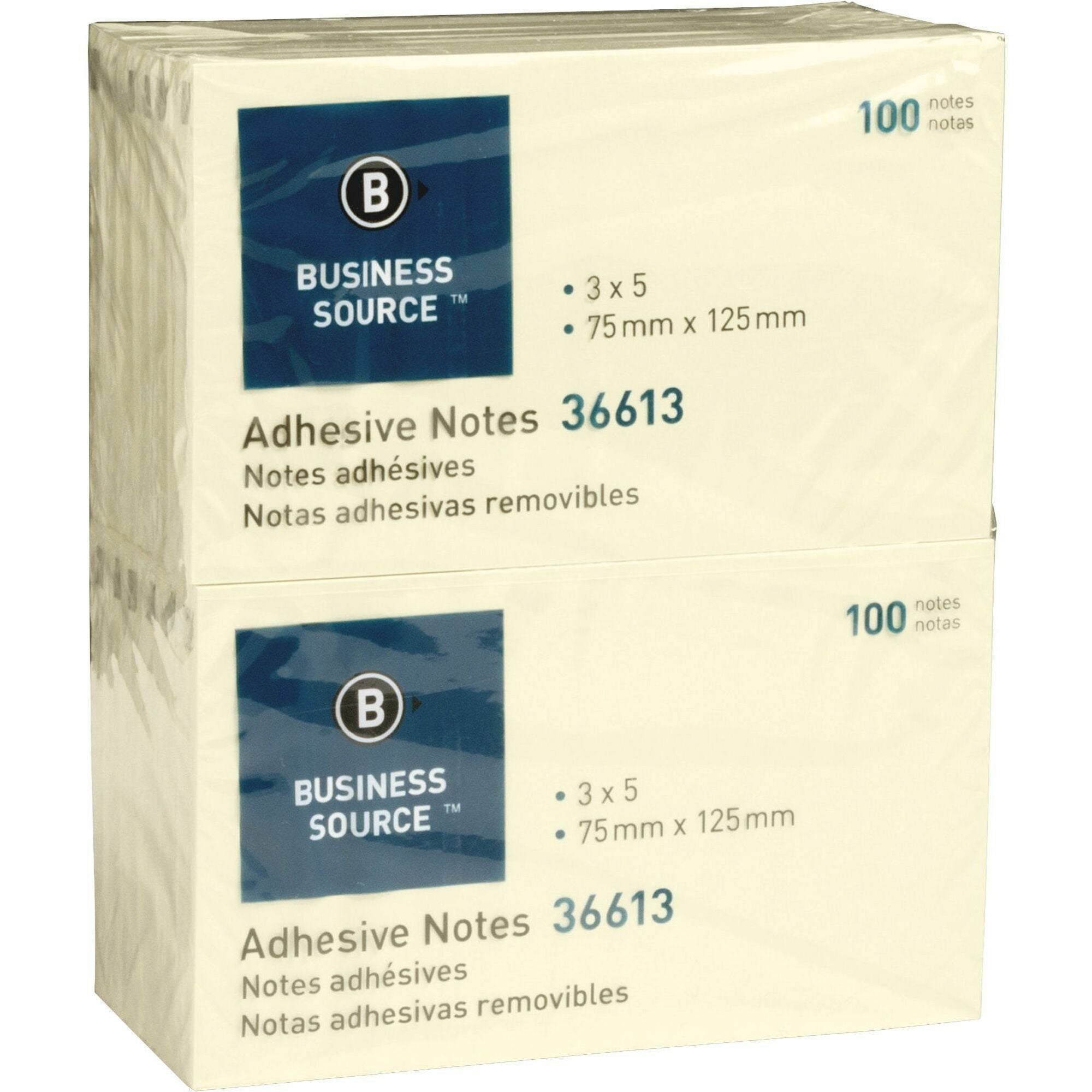 Business Source Yellow Repositionable Adhesive Notes - 3" Flag/Note Width x 5" Flag/Note Length - Rectangle - Yellow - Repositionable, Solvent-free Adhesive - 1 Pack