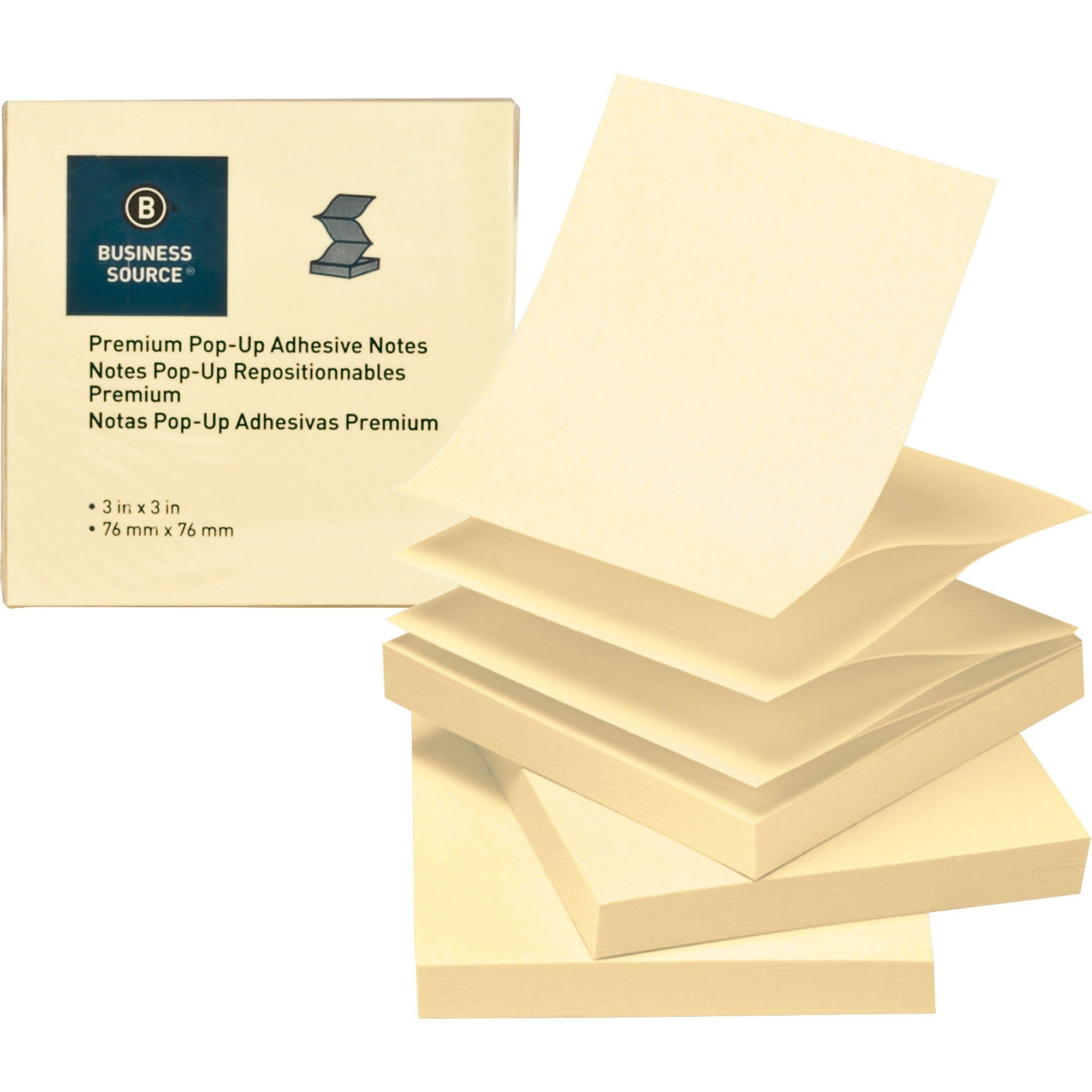 Business Source Reposition Pop-up Adhesive Notes - 3" Flag/Note Width x 3" Flag/Note Length - Square - Yellow - Removable, Repositionable, Solvent-free Adhesive, Fanfold, Pop-up - 24 / Pack