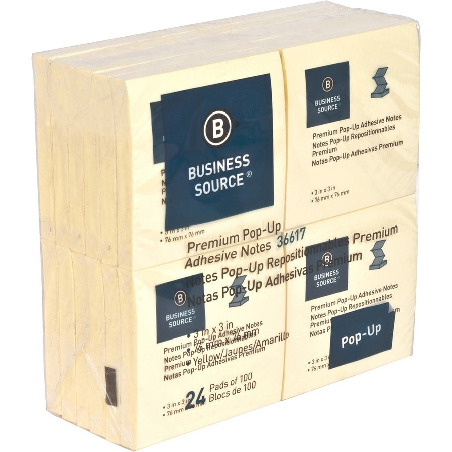 Business Source Reposition Pop-up Adhesive Notes - 3" Flag/Note Width x 3" Flag/Note Length - Square - Yellow - Removable, Repositionable, Solvent-free Adhesive, Fanfold, Pop-up - 24 / Pack