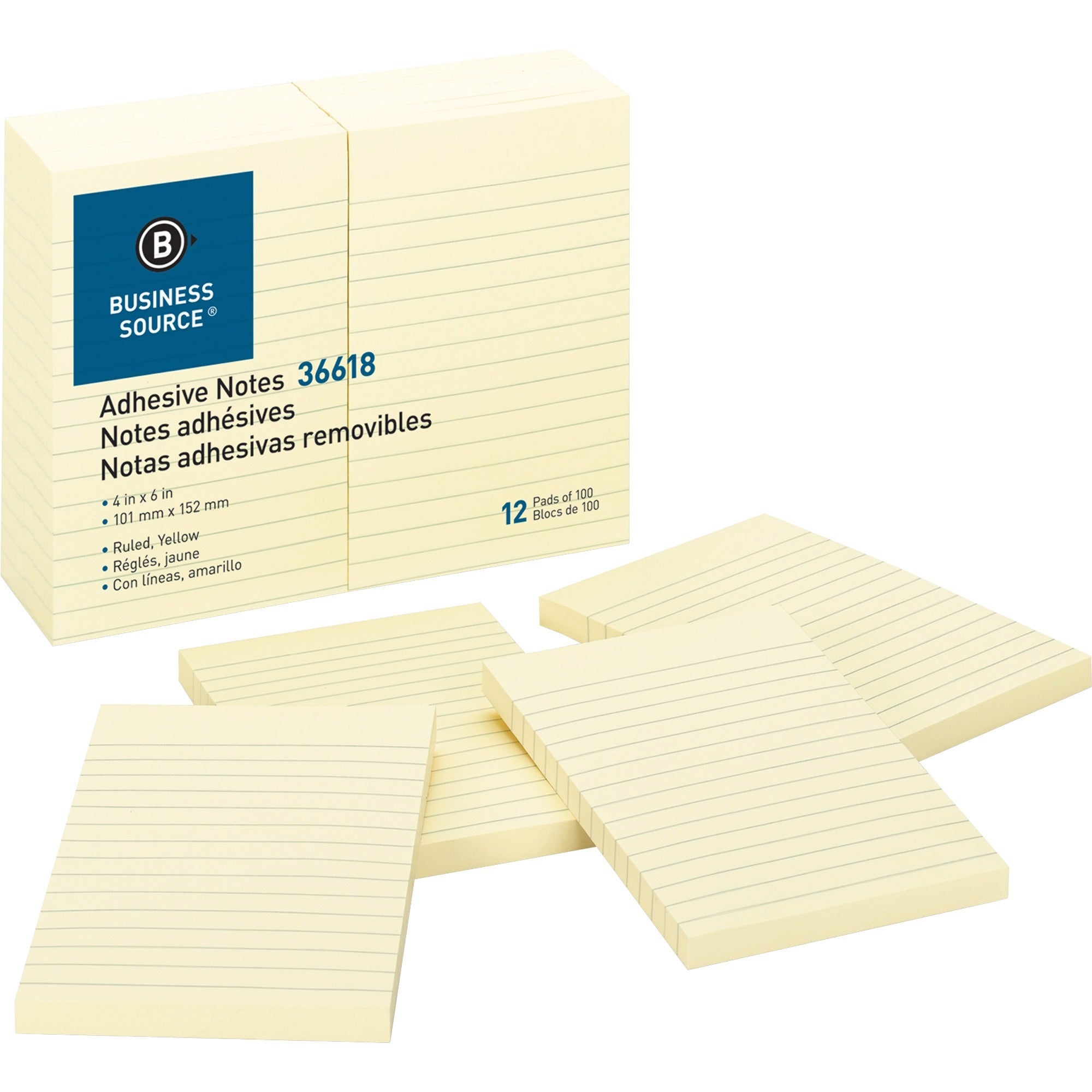 Business Source Ruled Adhesive Notes - 4" Flag/Note Width x 6" Flag/Note Length - Rectangle - Ruled - Yellow - Solvent-free Adhesive, Self-adhesive - 1 Pack