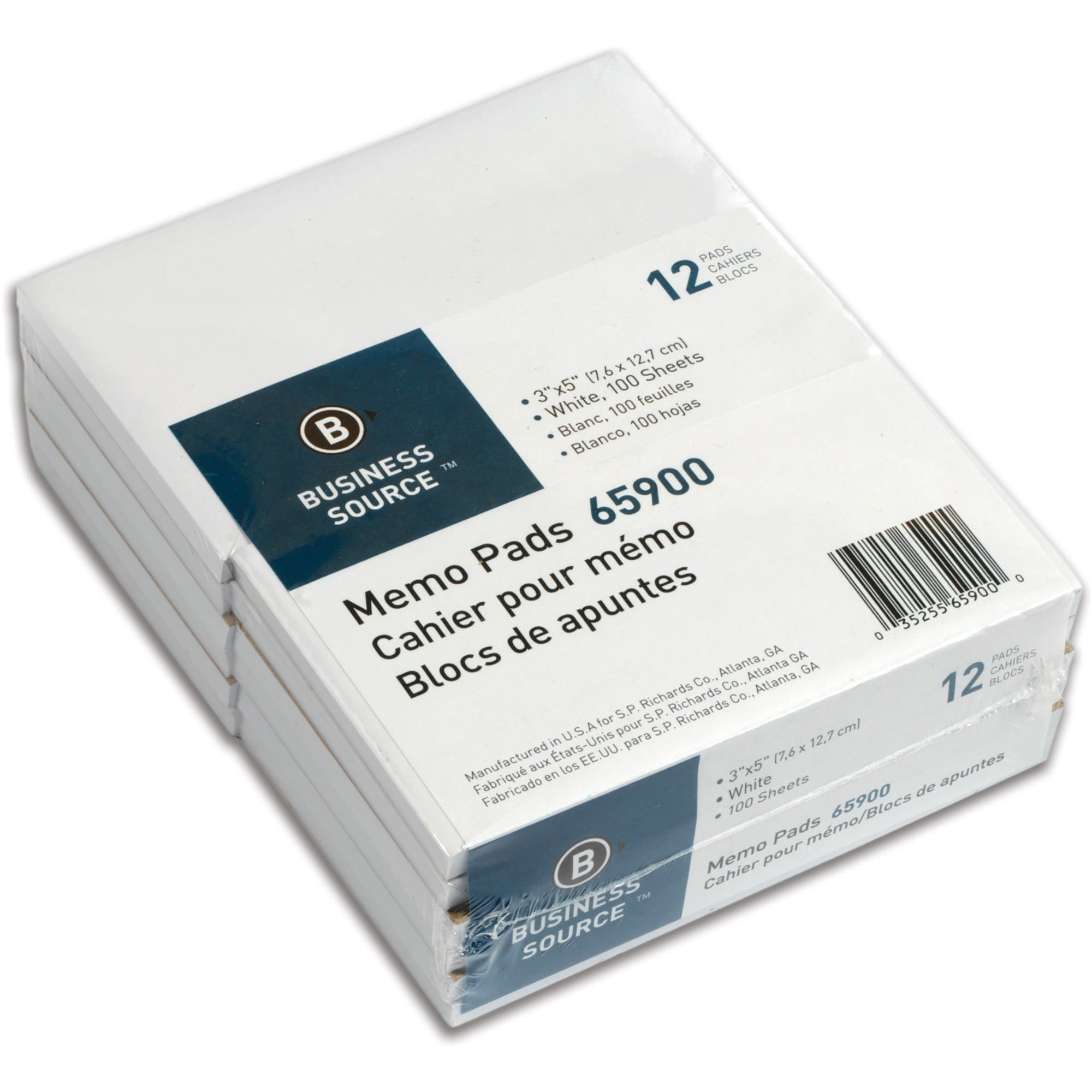 Business Source Plain Memo Pads - 100 Sheets - Plain - Glued - Unruled Front Ruling - 15 lb Basis Weight - 3" x 5" Sheet Size - White Paper - Chipboard Backing - 1 Dozen
