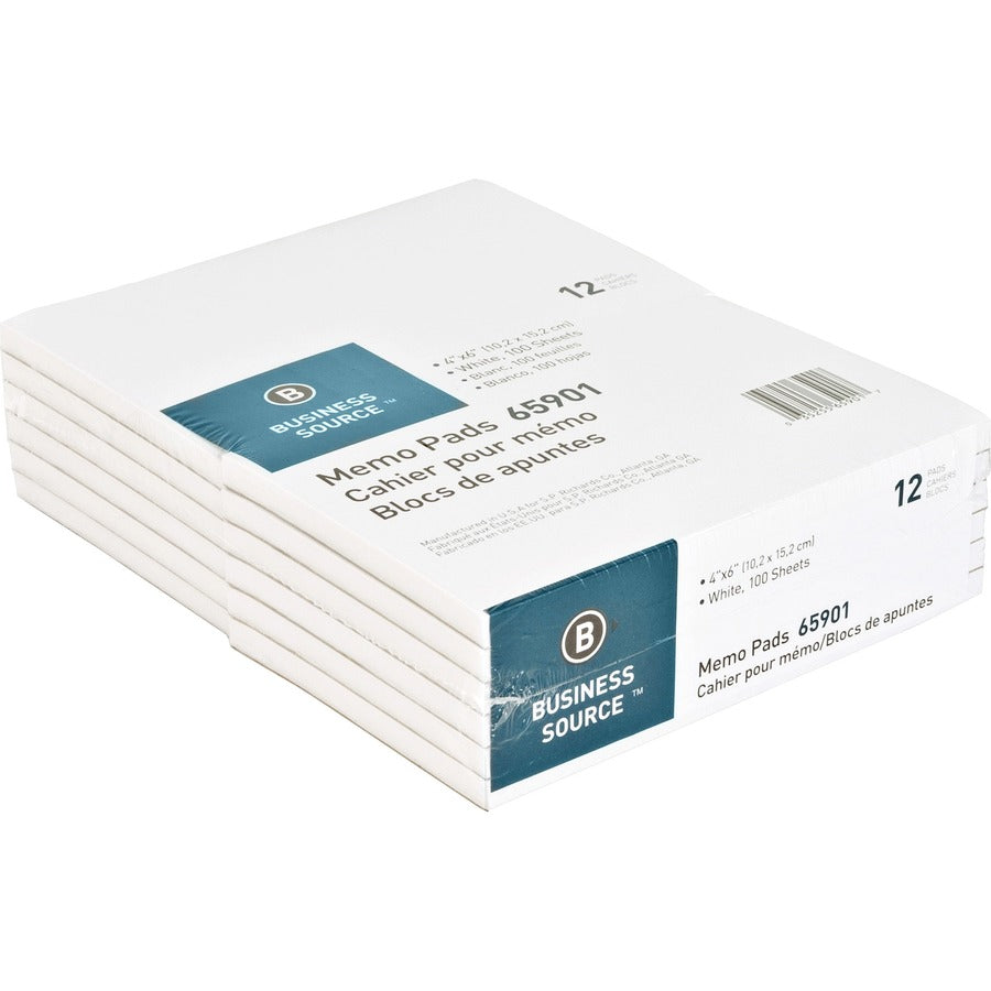 Business Source Plain Memo Pads - 100 Sheets - Plain - Glued - Unruled Front Ruling - 15 lb Basis Weight - 4" x 6" Sheet Size - White Paper - Chipboard Backing - 1 Dozen