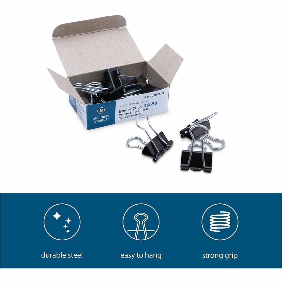 Business Source Fold-back Binder Clips - Small - 0.7" Width - 0.37" Size Capacity - for Paper - Black - Steel - 1 Dozen