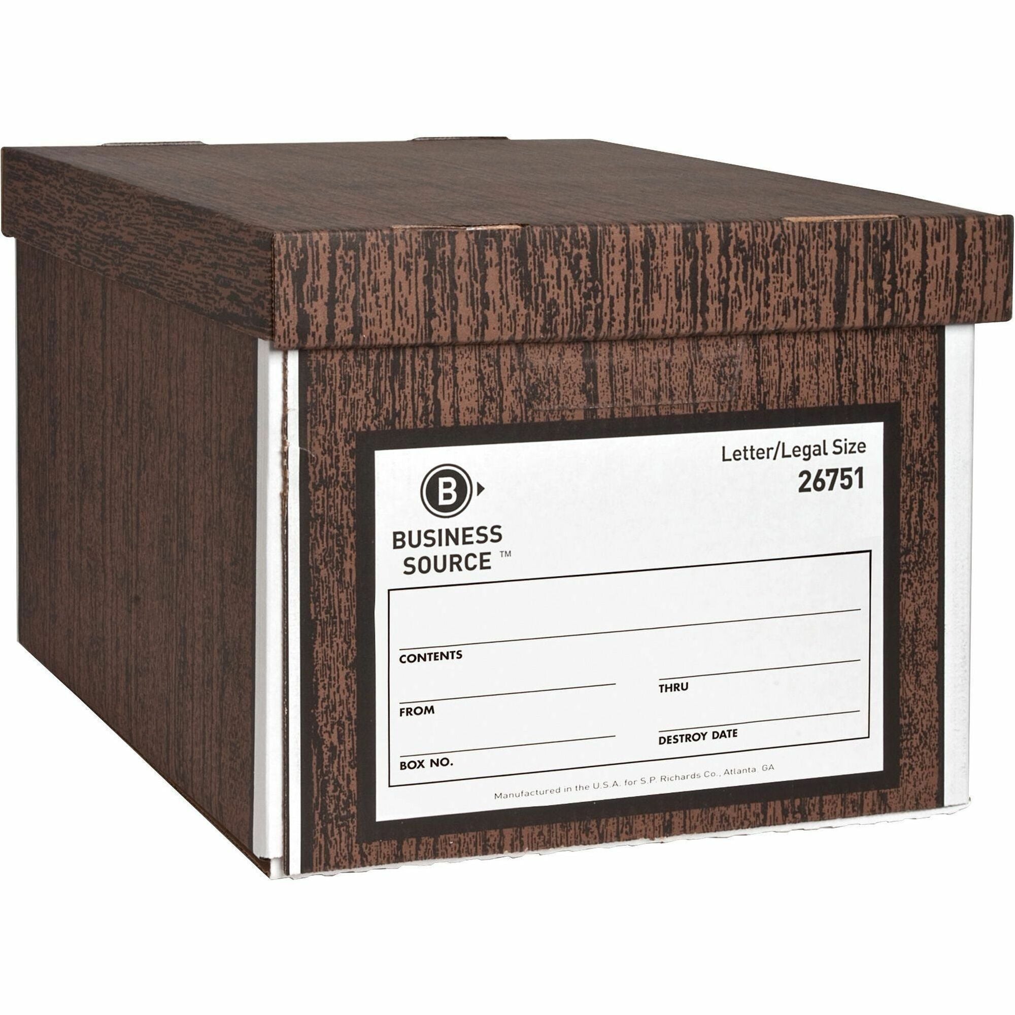 Business Source Economy Medium-duty Storage Boxes, Wood Grain, Cardboard, Lift-off Lid, Stackable, Legal/Letter Size, 10" x 12" x 15", Recycled, 12/Carton