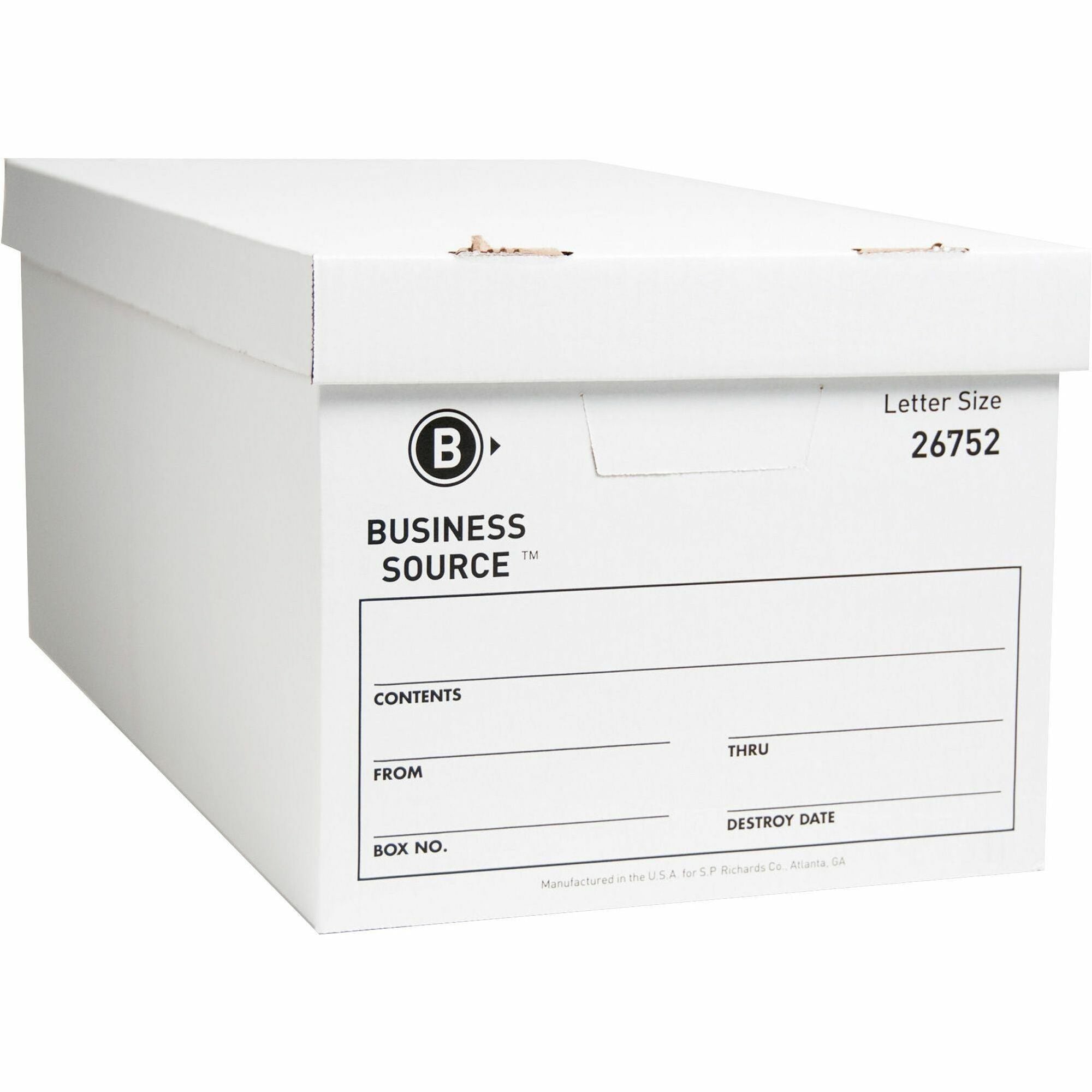 Business Source Lift-off Lid Light Duty Storage Box - External Dimensions: 12" Width x 24" Depth x 10" Height - Media Size Supported: Letter - Lift-off Closure - Light Duty - Stackable - Cardboard - White - For File - Recycled - 12 / Carton