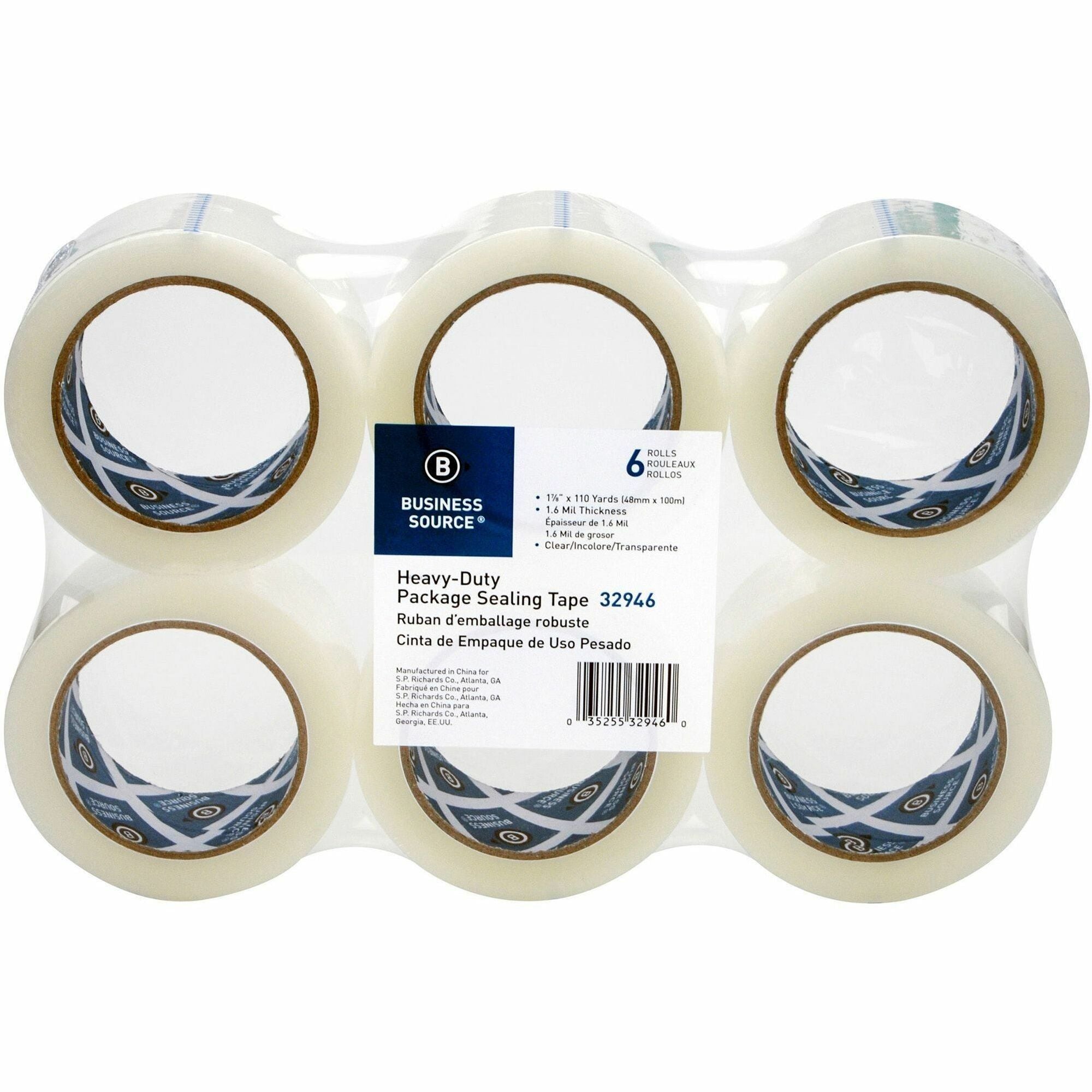 Business Source Heavy-duty Packaging/Sealing Tape - 110 yd Length x 1.88" Width - 3" Core - Clear - 1.60 mil - Breakage Resistance - For Bonding, Packing - 1 Pack