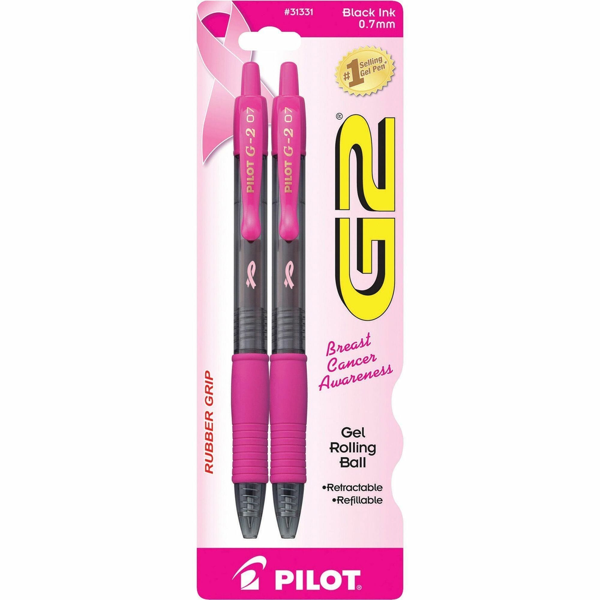 G2 Gel Rollingball Pens - 0.7 mm Fine Pen Point - Refillable - Retractable - Black Ink - Gel-based - Pink, Black Barrel - 2 / Pack