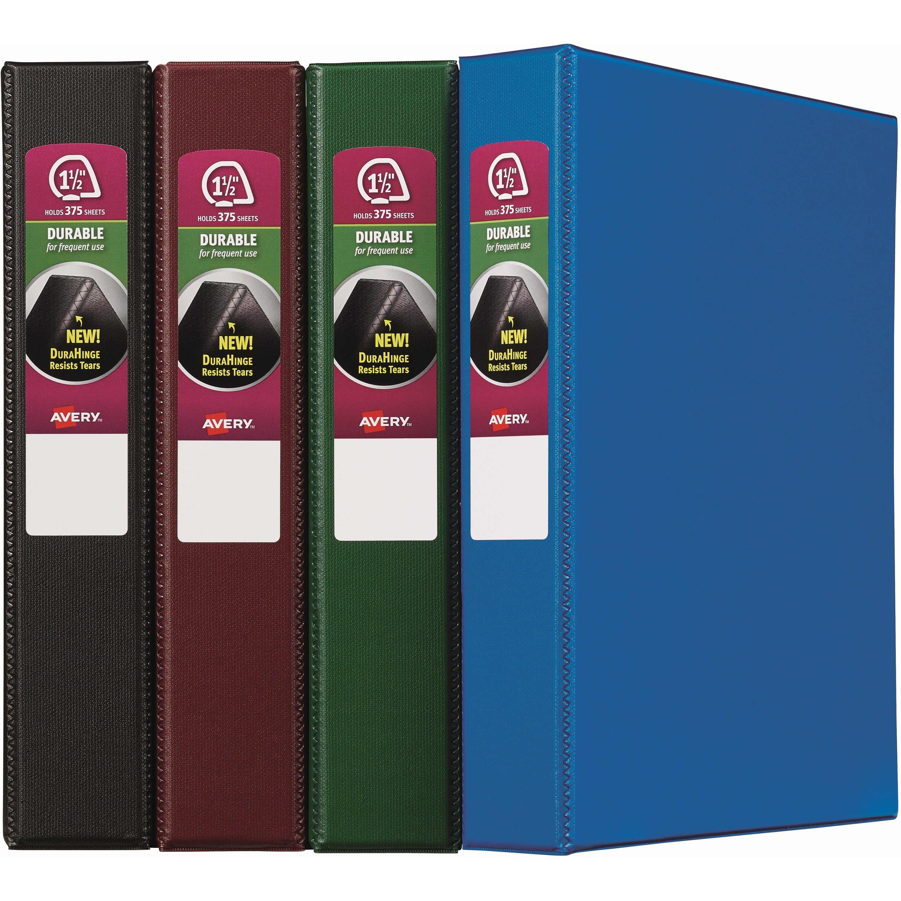 Avery Durable Binder, 1 1/2" Capacity, Letter Size, 375 Sheet, 3 Slant Rings, 2 Pockets, Polypropylene, Assorted Colors (Blue, Maroon, Black, Green), Recycled, 1 Carton