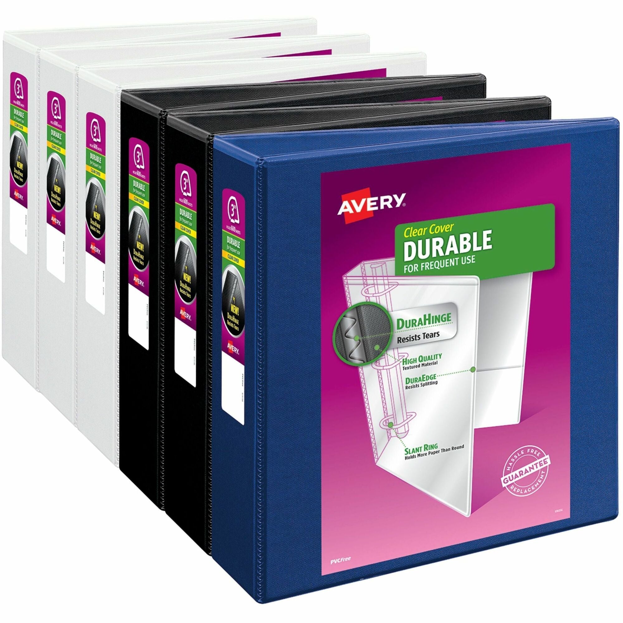 Avery Durable View 3" 3-Ring Binder, Letter Size, 635 Sheet Capacity, Slant Rings, 2 Internal Pockets, Polypropylene, Blue/White, 1 Carton