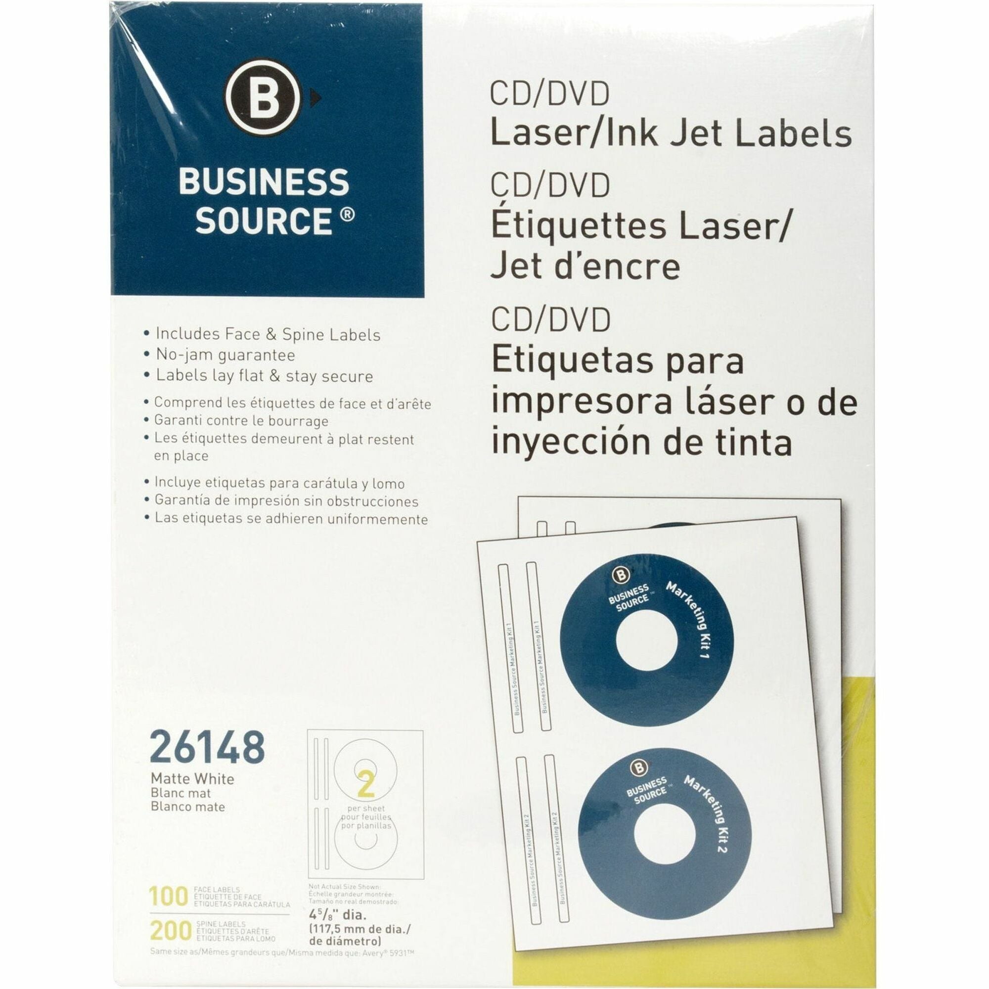 Business Source CD/DVD Labels - 4 5/8" Diameter - Permanent Adhesive - Circle - Inkjet, Laser - White - Lignin-free, Smudge Resistant - 100 / Pack