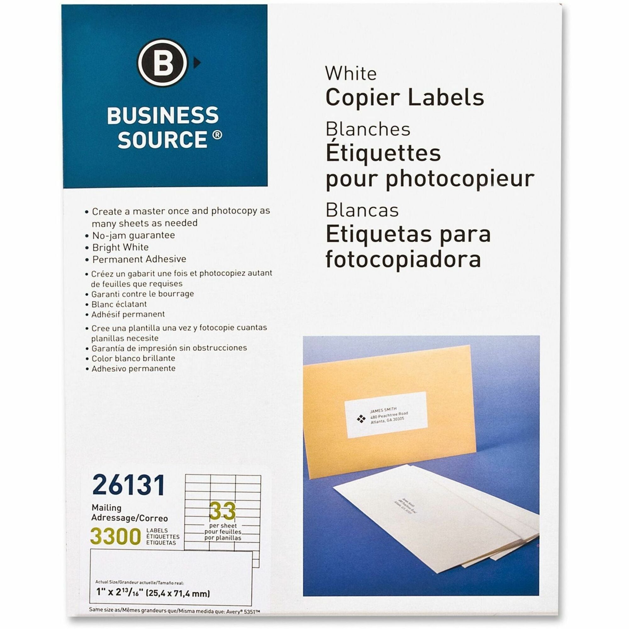 1" Width x 2 13/16" Length - Rectangle - White - Lignin-free, Jam-free - 33 / Sheet - 3300 / Pack