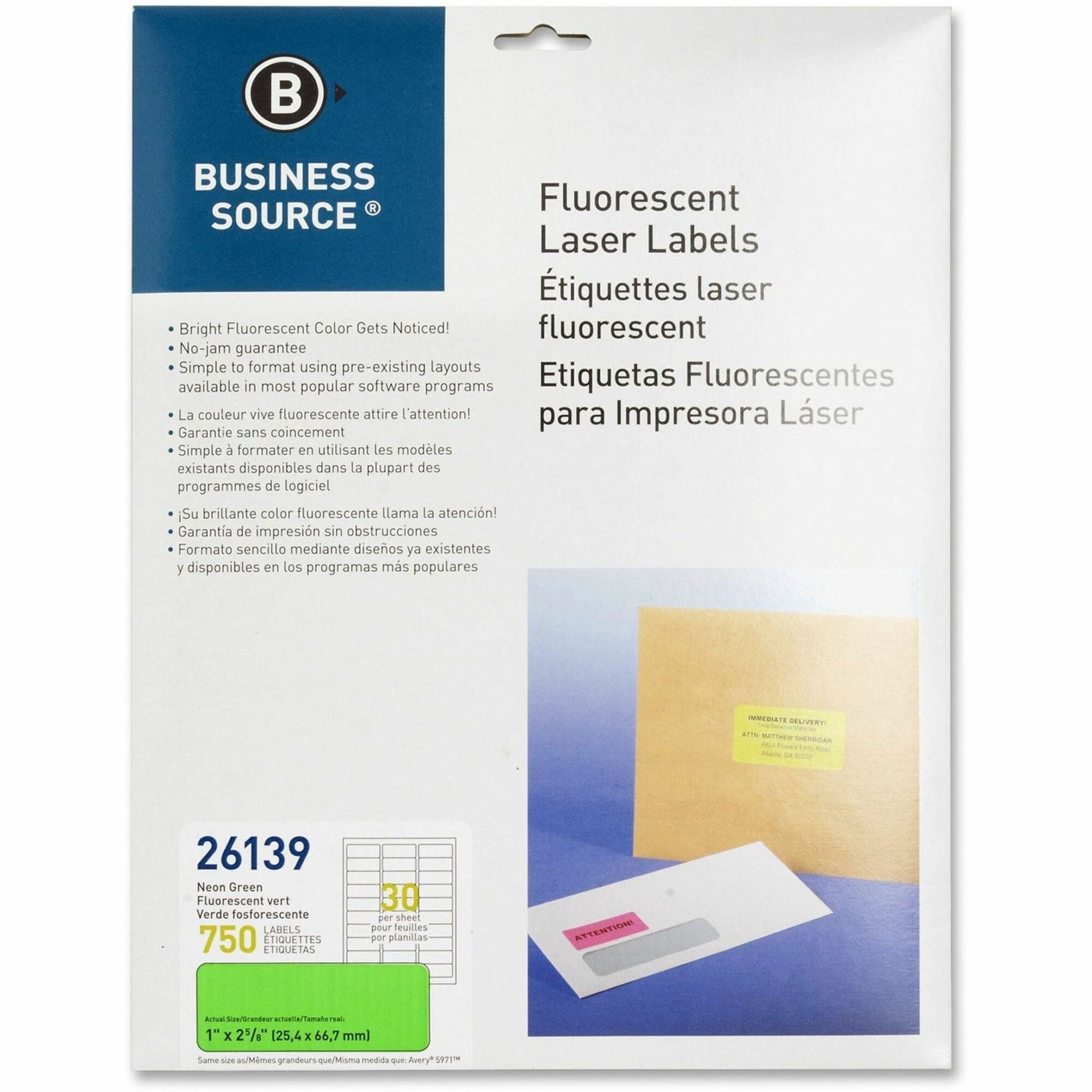 Business Source Neon Labels - 1" Width x 2 5/8" Length - Permanent Adhesive - Rectangle - Laser - Neon Green - Jam-free, Pressure Sensitive - 30 / Sheet - 750 / Pack