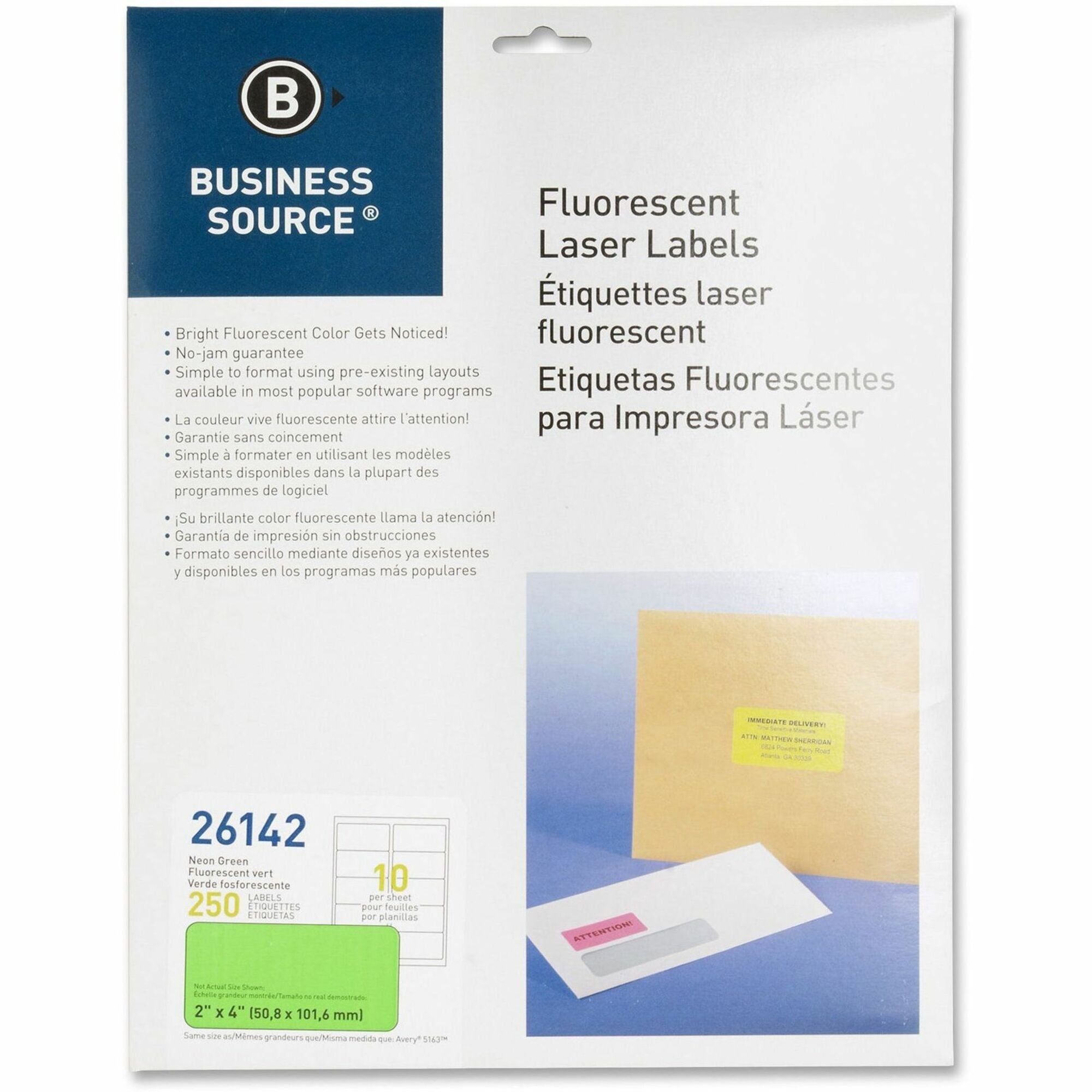 Business Source Neon Labels - 2" Width x 4" Length - Permanent Adhesive - Rectangle - Laser - Neon Green - Jam-free, Pressure Sensitive - 10 / Sheet - 250 / Pack