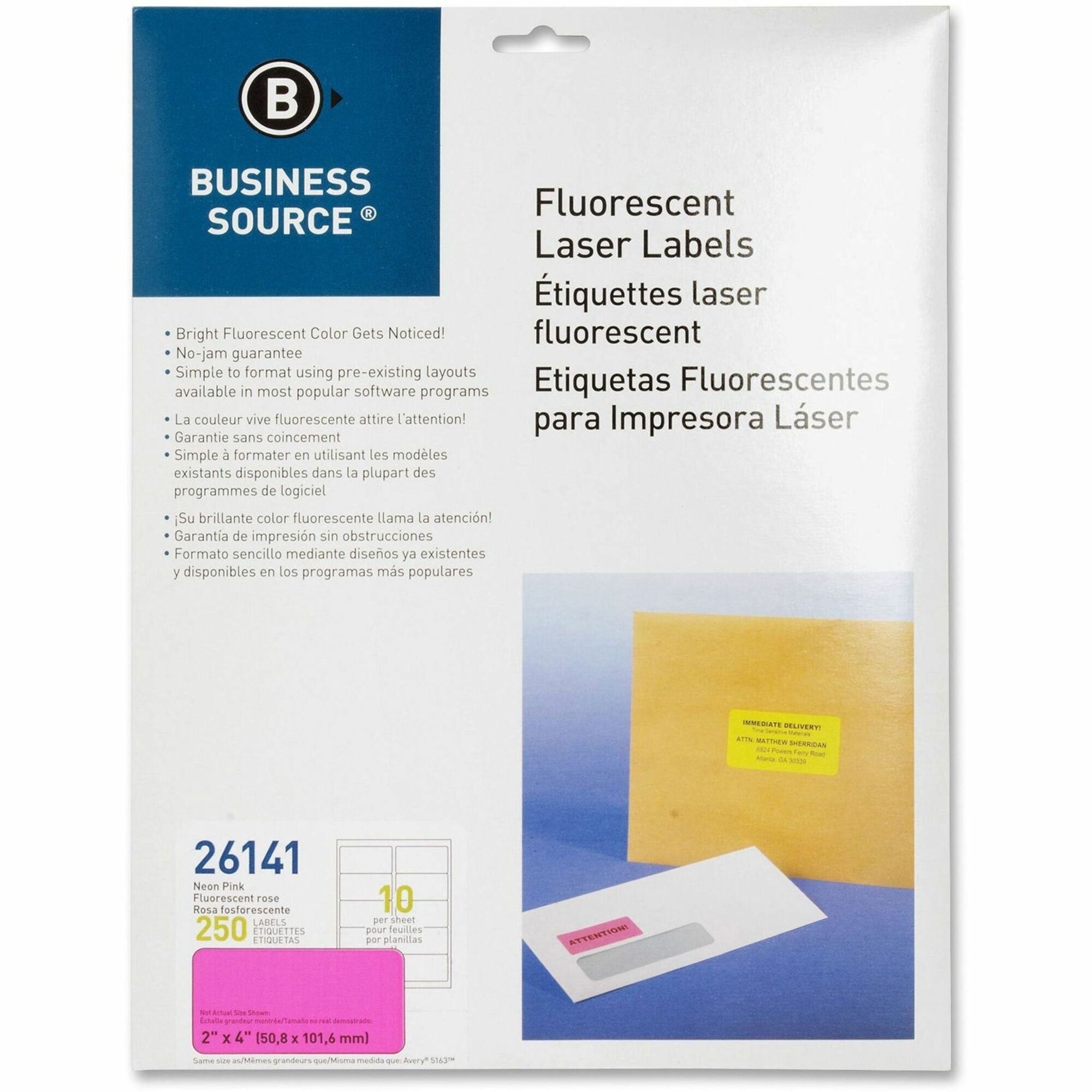 Business Source Neon Labels - 2" Width x 4" Length - Permanent Adhesive - Rectangle - Laser - Neon Pink - Jam-free, Pressure Sensitive - 10 / Sheet - 250 / Pack