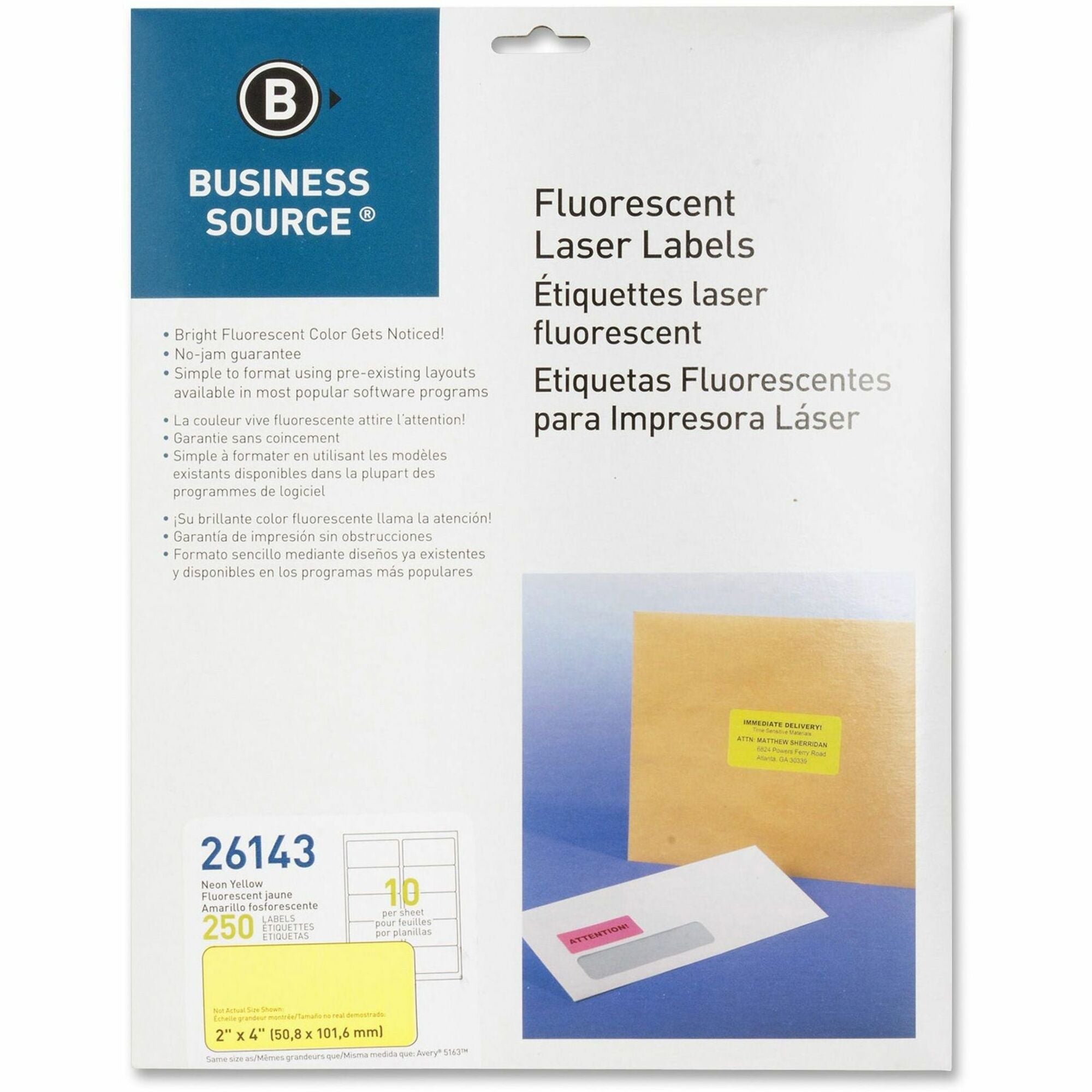Business Source Neon Labels - 2" Width x 4" Length - Permanent Adhesive - Rectangle - Laser - Neon Yellow - Jam-free, Pressure Sensitive - 10 / Sheet - 250 / Pack