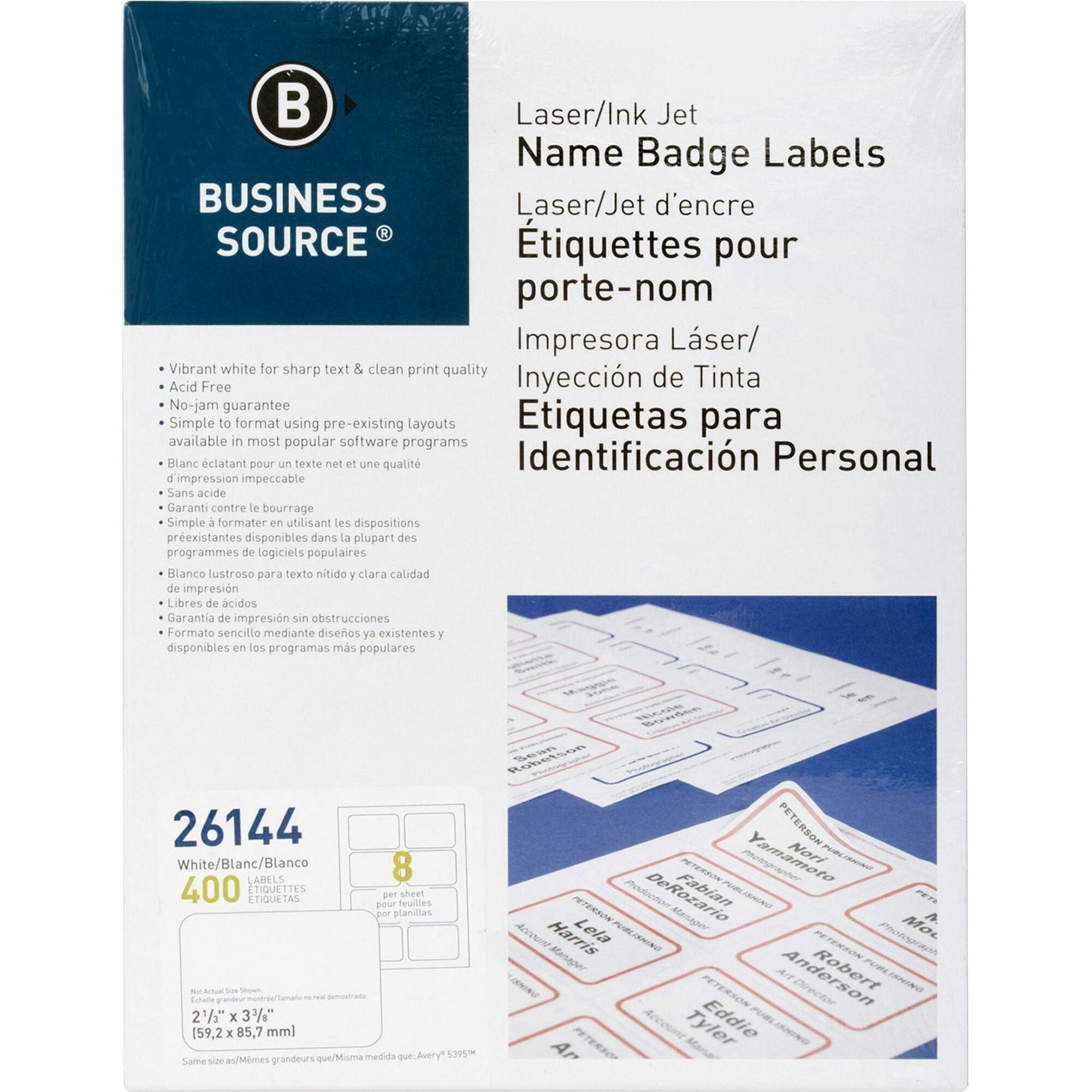2 1/3" Width x 3 3/8" Length - Rectangle - Laser, Inkjet - White - Self-adhesive, Jam-free - 8 / Sheet - 400 / Pack