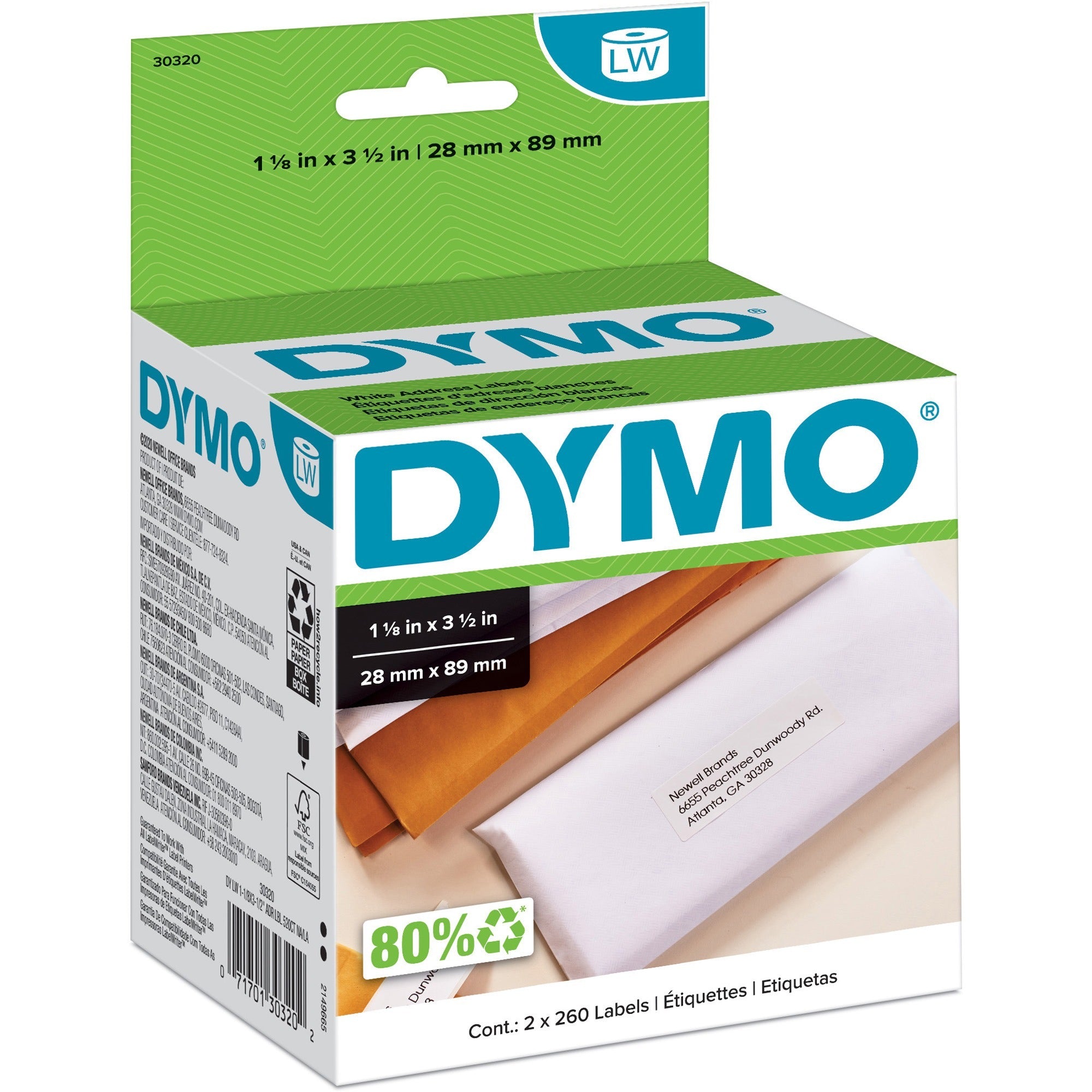 1 1/8" Width x 3 1/2" Length - Permanent Adhesive - Rectangle - Direct Thermal - White - Paper - Self-adhesive - 260 / Roll - 520 / Box