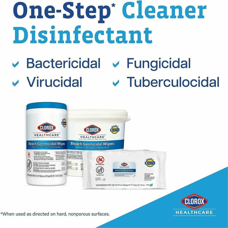 Clorox Healthcare Bleach Germicidal Wipes Bucket - Ready-To-Use - 12" Length x 12" Width - Disinfectant - White - 110/Tub - 1 Each