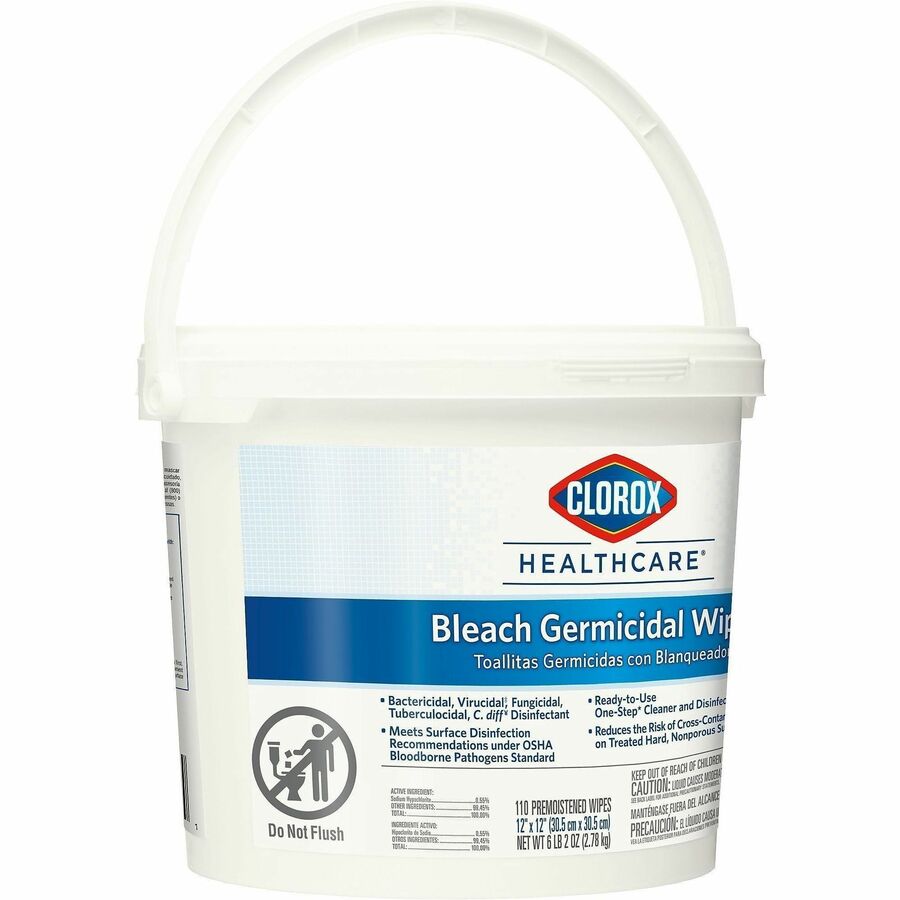 Clorox Healthcare Bleach Germicidal Wipes Bucket - Ready-To-Use - 12" Length x 12" Width - Disinfectant - White - 110/Tub - 1 Each