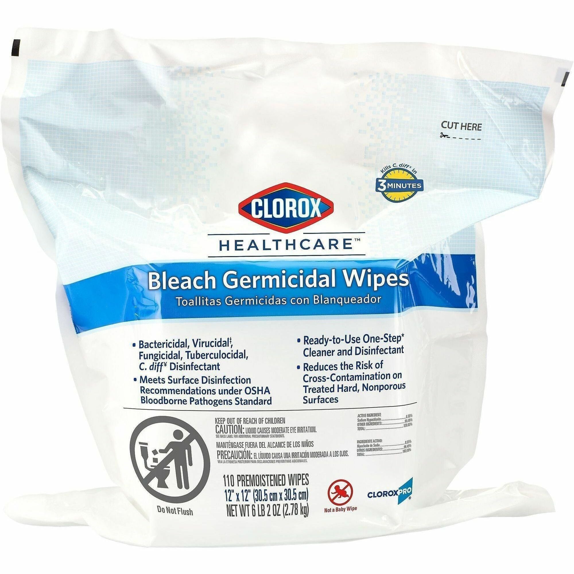 For Healthcare - Ready-To-Use - 12" Length x 12" Width - Recommended For: Bacteria Remover, Virus Remover, Fungi Remover, Germs Remover - Disinfectant, Anti-bacterial - White - 110/Bag - 1 Each