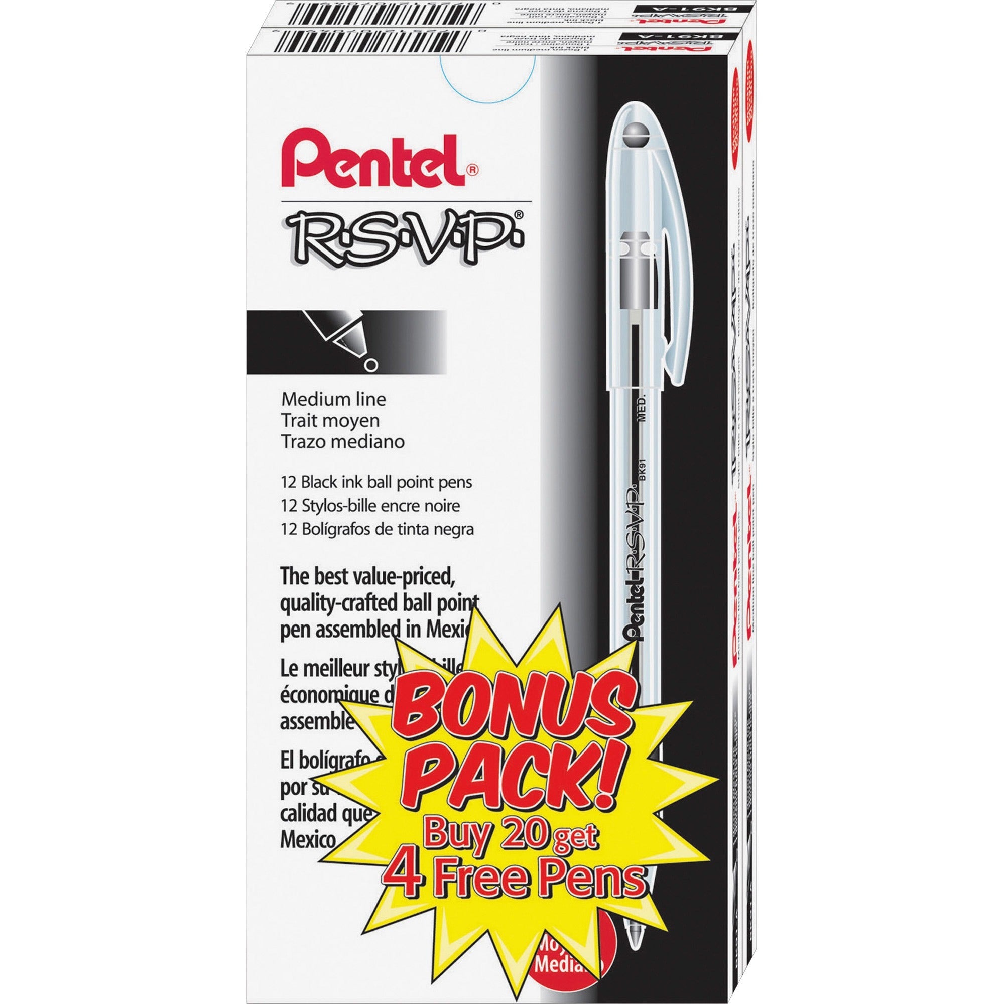 Pentel R.S.V.P. Ballpoint Stick Pens - Medium Pen Point - Refillable - Black Ink - Clear Barrel - Stainless Steel Tip - 24 / Pack