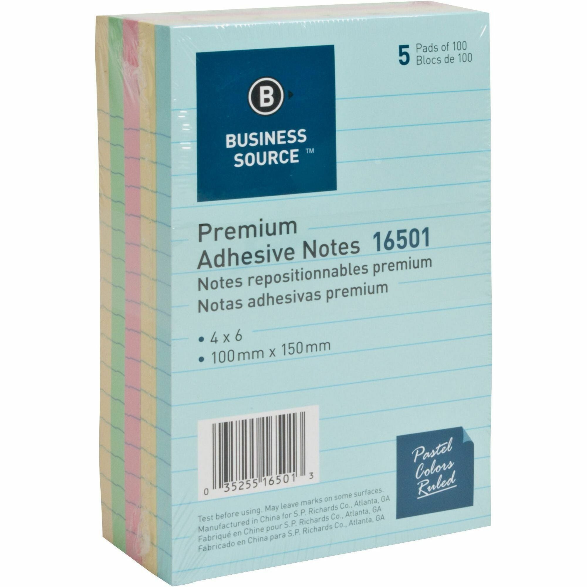 Business Source Ruled Adhesive Notes - 4" Flag/Note Width x 6" Flag/Note Length - Square - Ruled - Pastel - Self-adhesive, Solvent-free Adhesive - 1 Pack