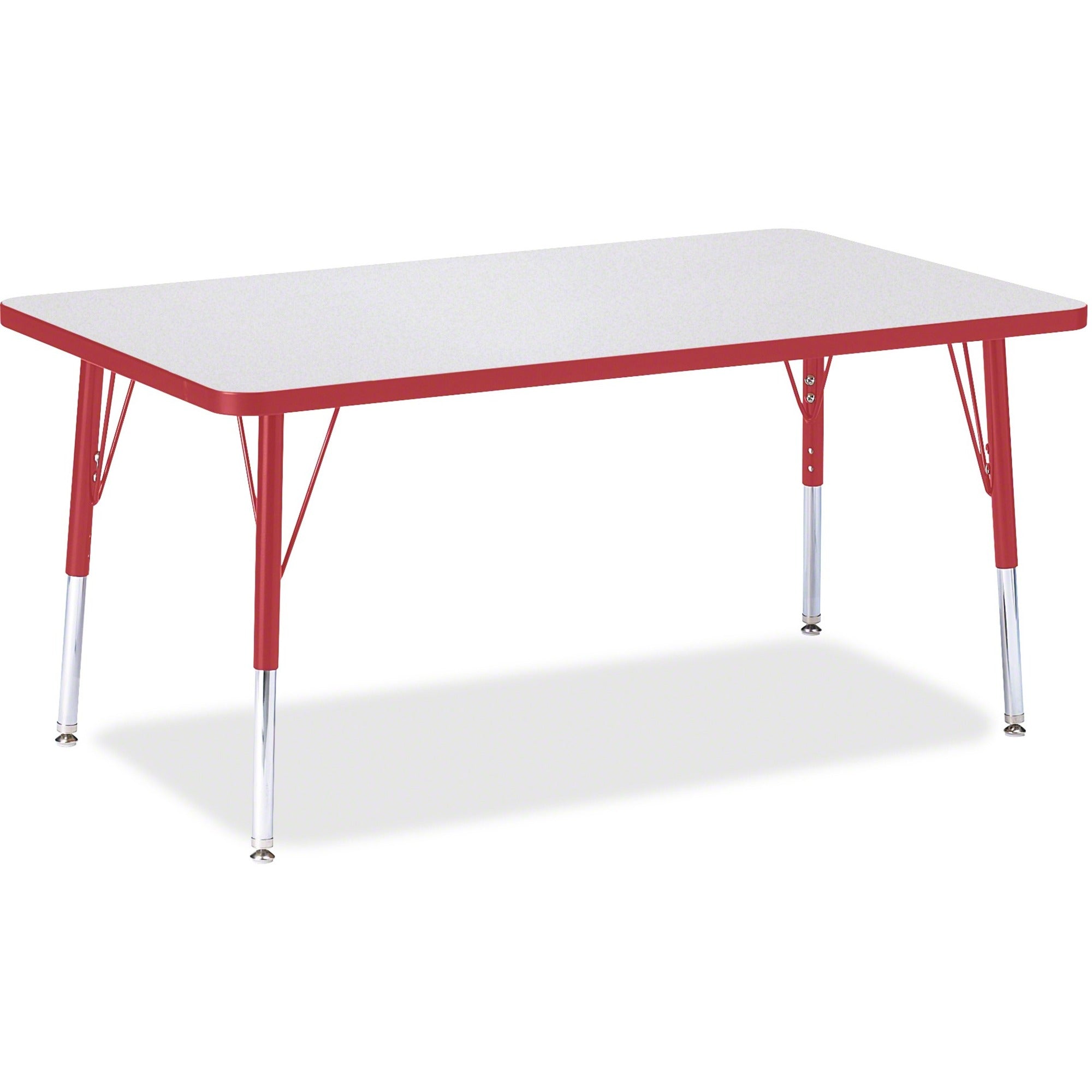 Jonti-Craft Berries Elementary Height Gray Top Rectangular Table, Adjustable 15"-24" Height, 48" x 30" Laminated Surface, Red Edge, Four Legs, 1 Each