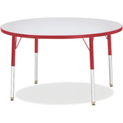 Jonti-Craft Berries Elementary Height Round Table, Gray Laminated Top, Red Edge, 42" Diameter, Adjustable Height 15"-24", Four Legs, 1 Each