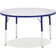 Jonti-Craft Berries Elementary Height Round Table, Gray Laminated Top, Blue Edge, 42" Diameter, Adjustable Height 15"-24", Four Legs, 1 Each