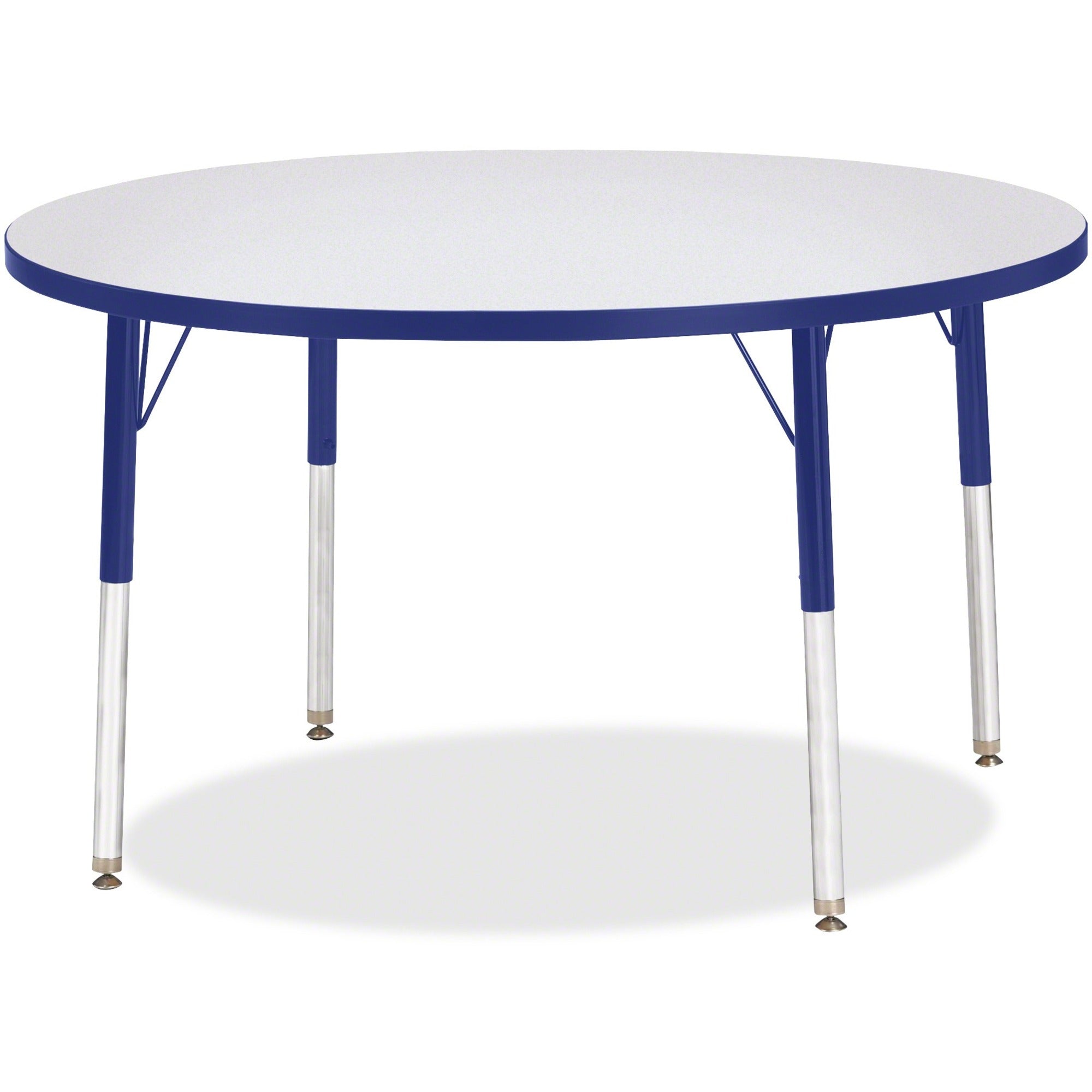 Jonti-Craft Berries Elementary Height Round Table, Gray Laminated Top, Blue Edge, 42" Diameter, Adjustable Height 15"-24", Four Legs, 1 Each