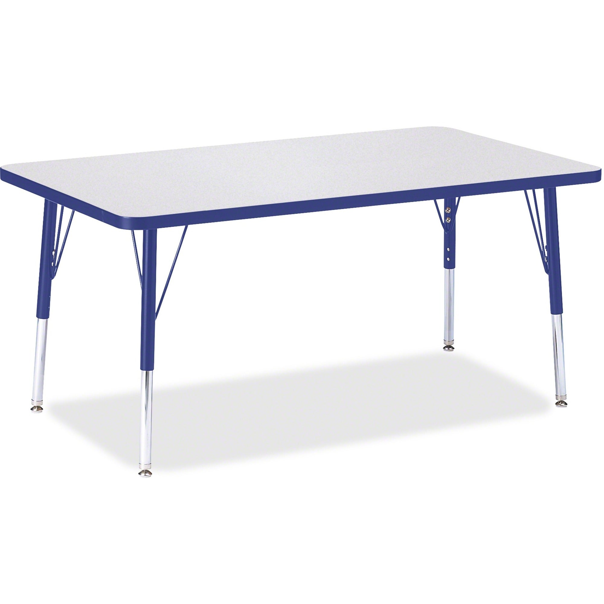 Jonti-Craft Berries Elementary Height Gray Top Rectangular Table, 48" x 30", Adjustable Height 15"-24", Four Legs, Laminated Gray Top, Blue Edge, 1 Each