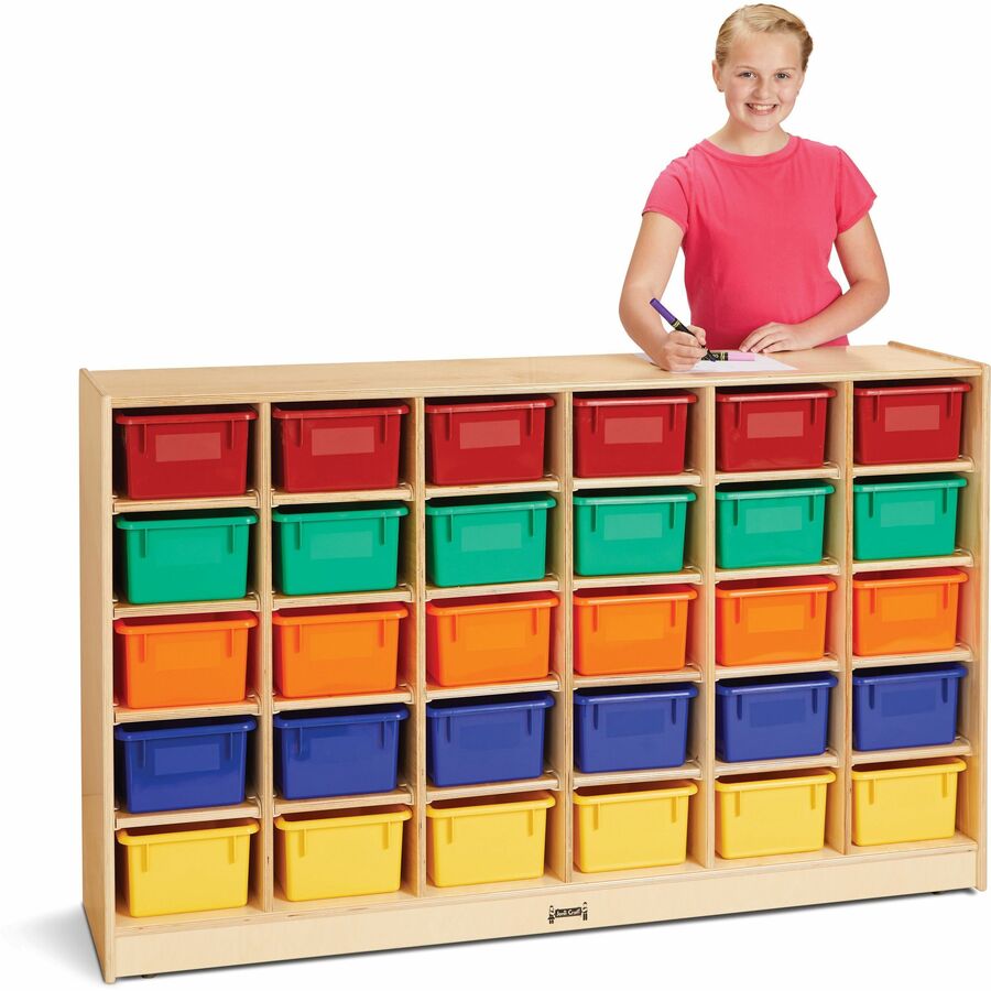 Jonti-Craft Rainbow Accents Mobile Storage Unit, 30 Cubbie-Trays, 30 Compartments, 35.5"H x 57.5"W x 15"D, Baltic, Rubber/Acrylic, 1 Each