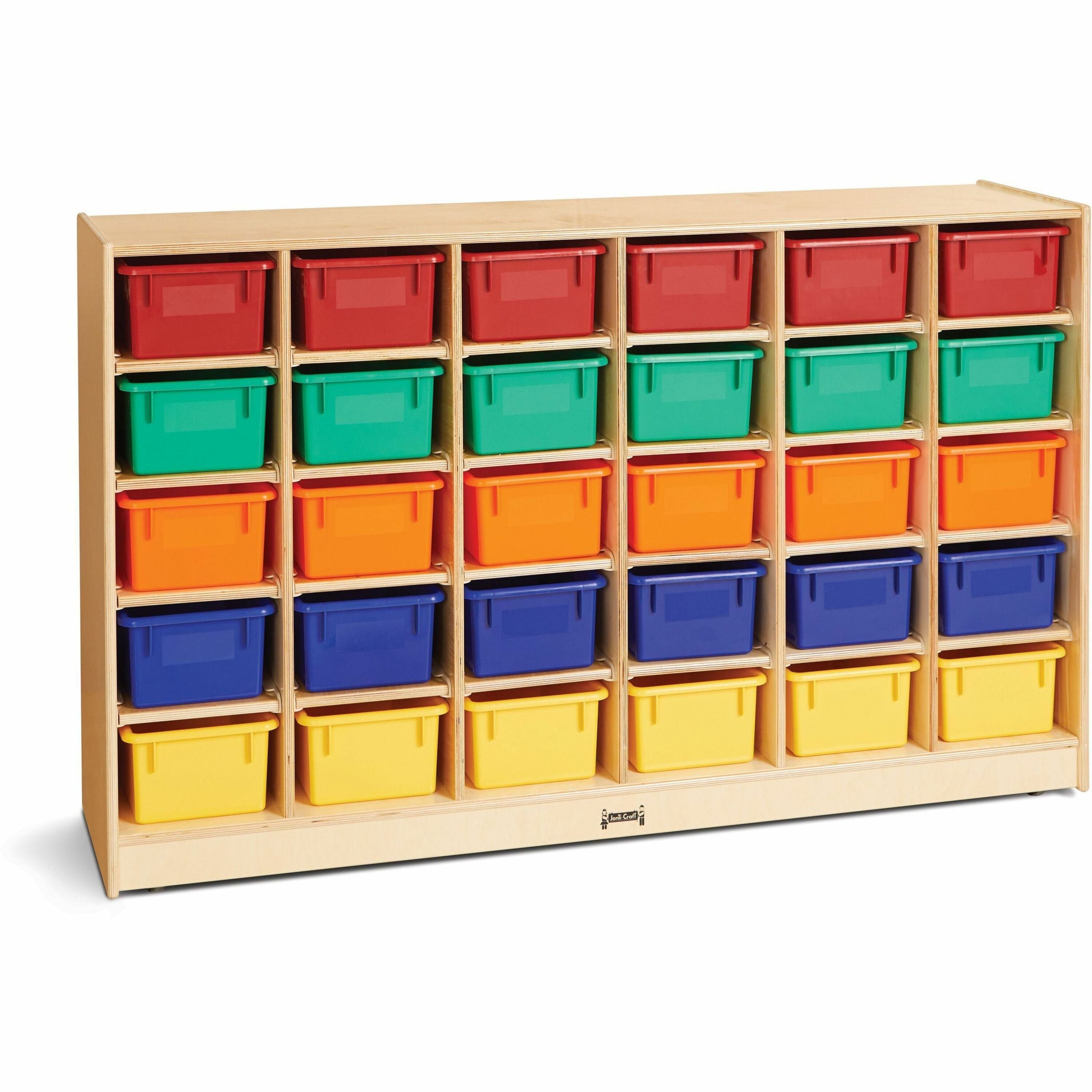 Jonti-Craft Rainbow Accents Mobile Storage Unit, 30 Cubbie-Trays, 30 Compartments, 35.5"H x 57.5"W x 15"D, Baltic, Rubber/Acrylic, 1 Each