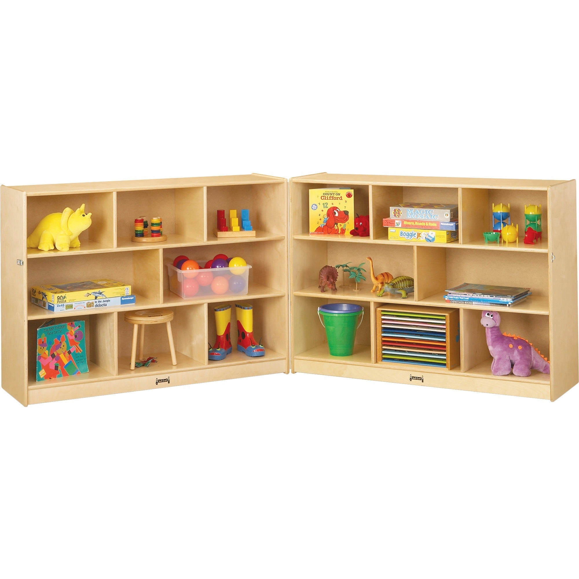 Jonti-Craft Mobile Fold-n-Lock Open Shelf Unit - 35.50" Height x 96.50" Width x 15" Depth - Floor - Foldable, Lockable, Stain Resistant, Sturdy, Mobility, Caster - White - Baltic Birch Plywood - 1 Each