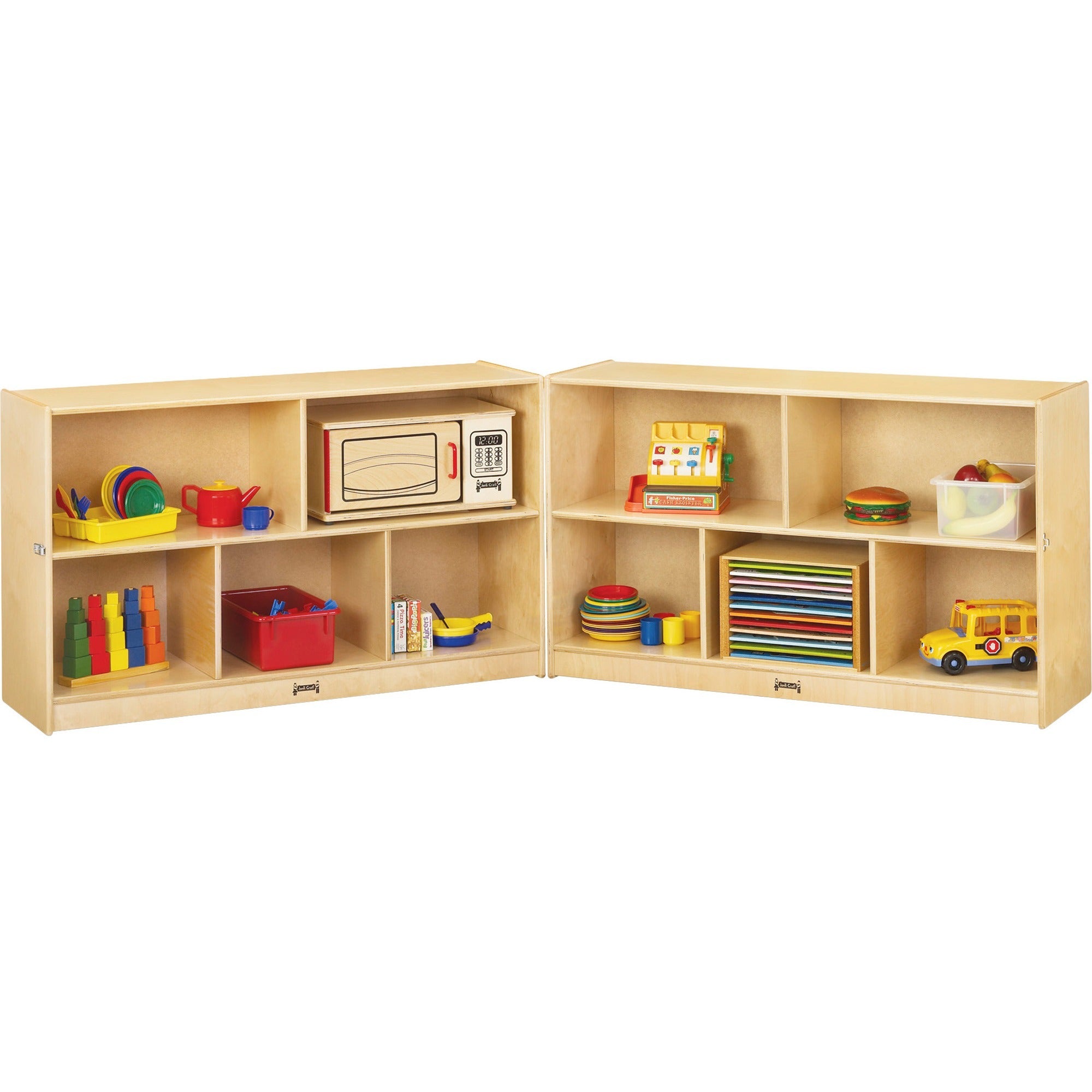 Jonti-Craft Mobile Fold-n-Lock Open Shelf Unit - 29.50" Height x 96" Width x 15" Depth - Floor - Foldable, Lockable, Stain Resistant, Sturdy - White - Baltic Birch Plywood - 1 Each