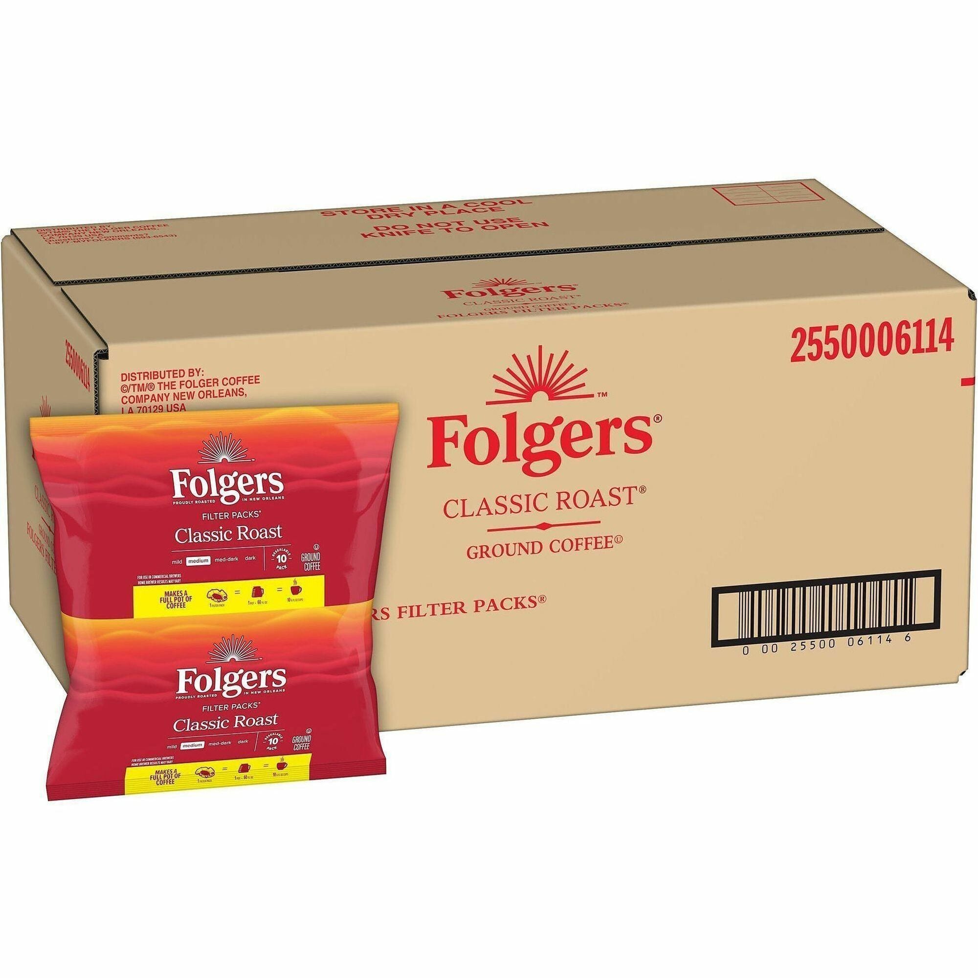 Folgers&reg; Filter Pack Classic Roast Coffee - Regular - 0.9 oz - Filter Pack - 10/Pack - 16 / Carton