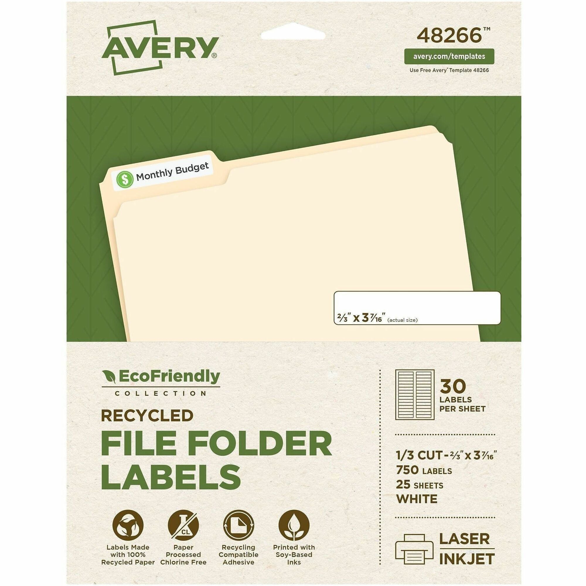 Avery EcoFriendly File Folder Labels, Matte White, 21/32" x 3 7/16", Permanent Adhesive, 30 Labels/Sheet, 30 Sheets, 750 Labels/Pack