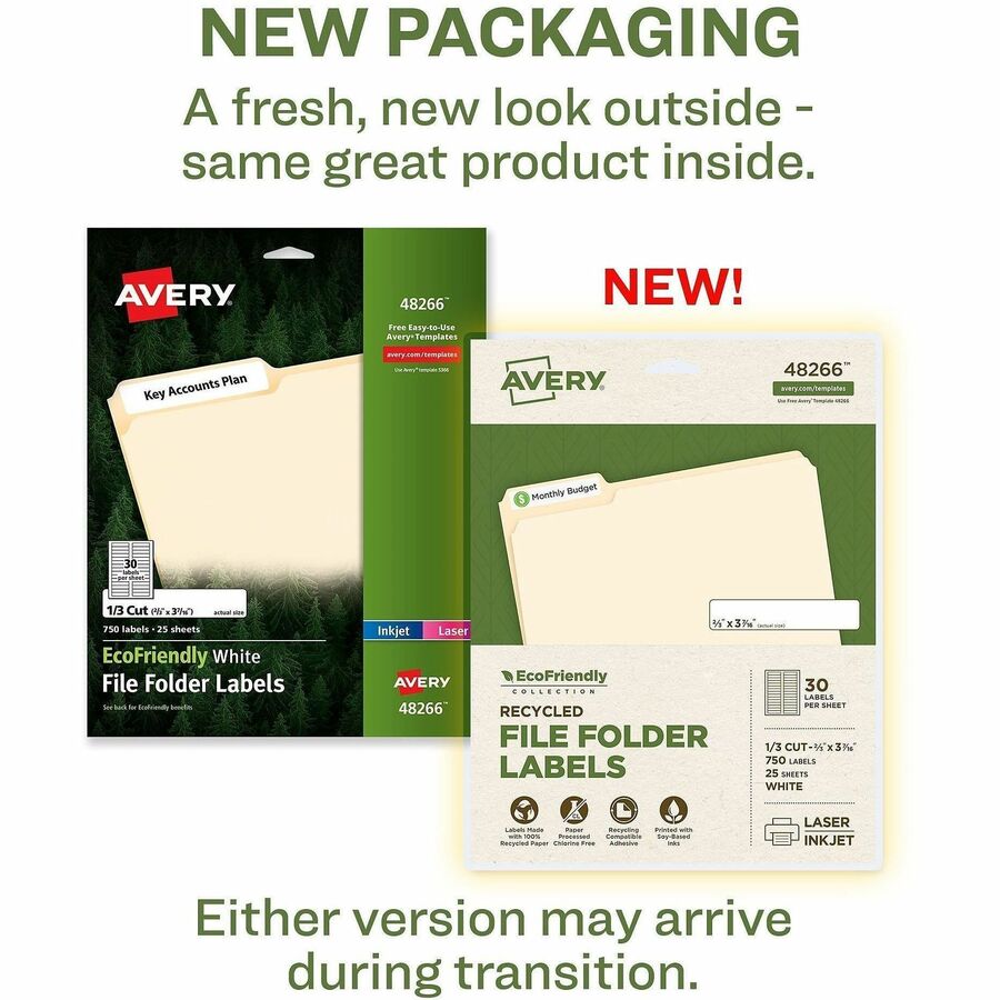Avery EcoFriendly File Folder Labels, Matte White, 21/32" x 3 7/16", Permanent Adhesive, 30 Labels/Sheet, 30 Sheets, 750 Labels/Pack