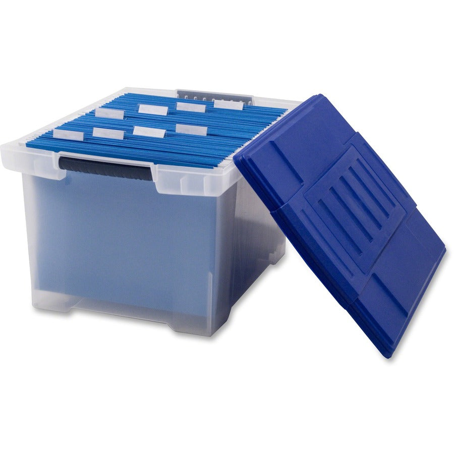 Storex Plastic File Tote Storage Box - External Dimensions: 14.3" Width x 19" Depth x 10.9" Height - 50 lb - Media Size Supported: Letter, Legal - Snap-tight Closure - Plastic - Clear, Blue - For File - 1 / Each