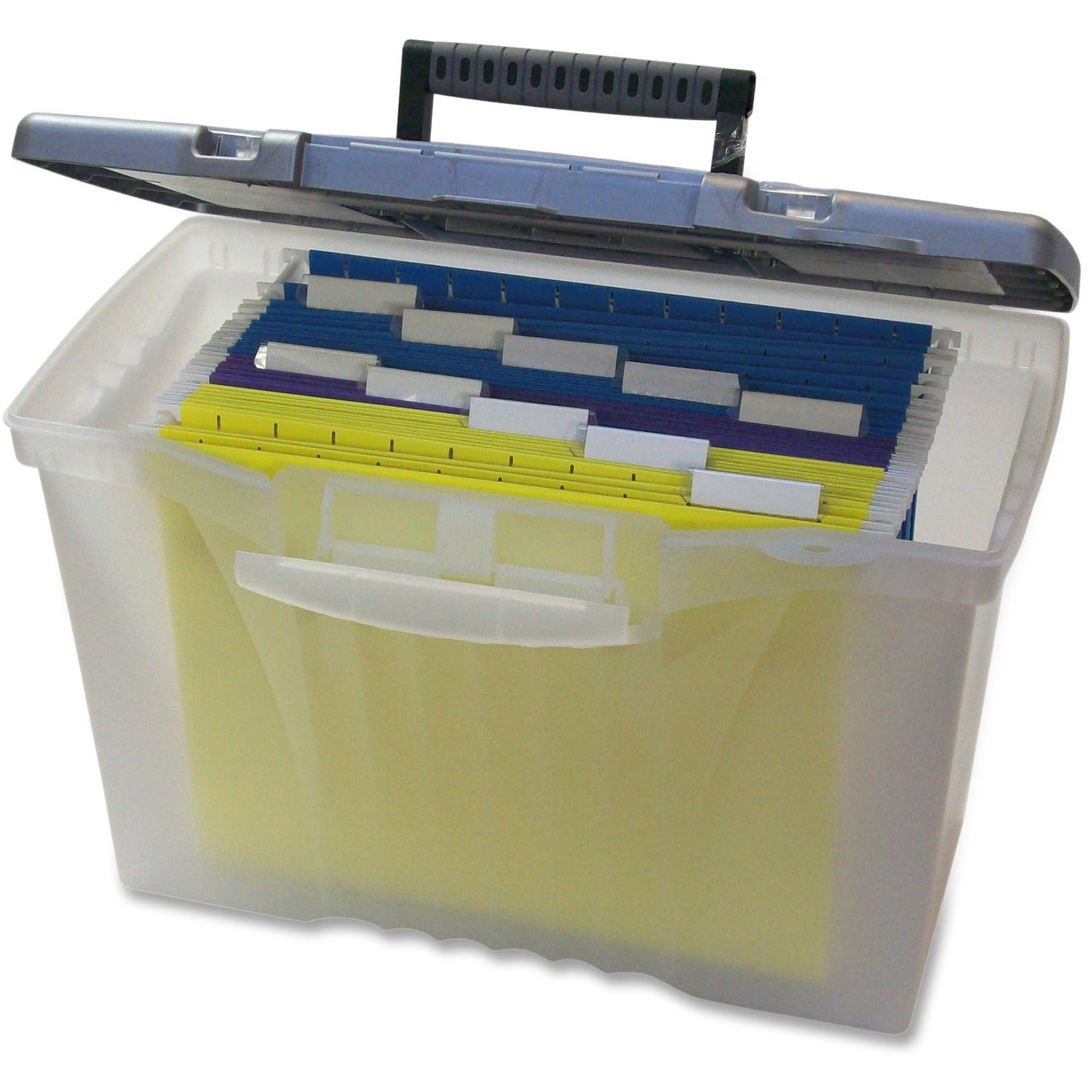 Internal Dimensions: 14.50" Width x 10.50" Depth x 12" Height - External Dimensions: 14.5" Width x 10.5" Depth x 12" Height - Media Size Supported: Letter, Legal - Latching Closure - Plastic - Clear, Silver - For File - 1 Each
